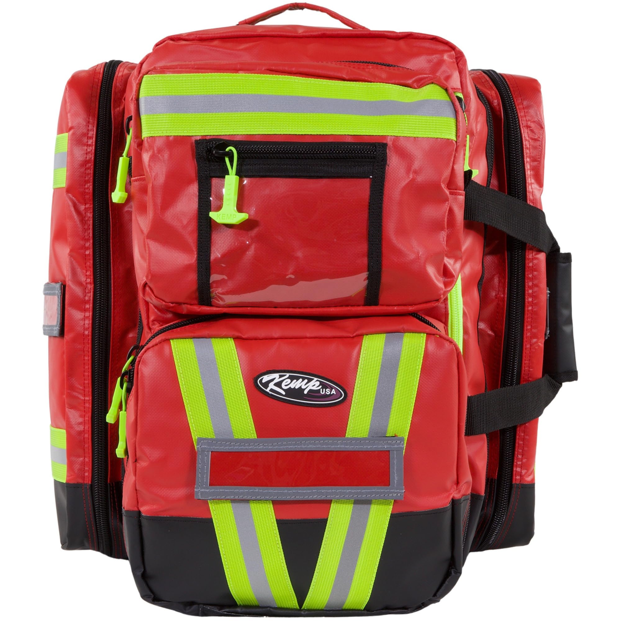 Kemp USA Heavy-Duty EMT Bag, Made with Fluid-Resistant Tarpaulin Material - Emergency Survival Kit with Room for D O2 Tank - Medical Backpack with Multiple Handles (Tarpaulin Fabric Red)