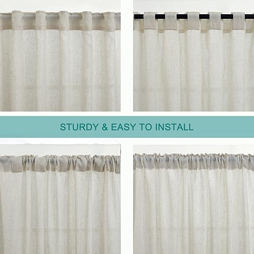 Miniatura 5 de Cortinas de lino natural de 84 pulgadas de largo, con bolsillo y trabillas traseras, cortinas texturizadas de algodón, juego de 2 paneles de