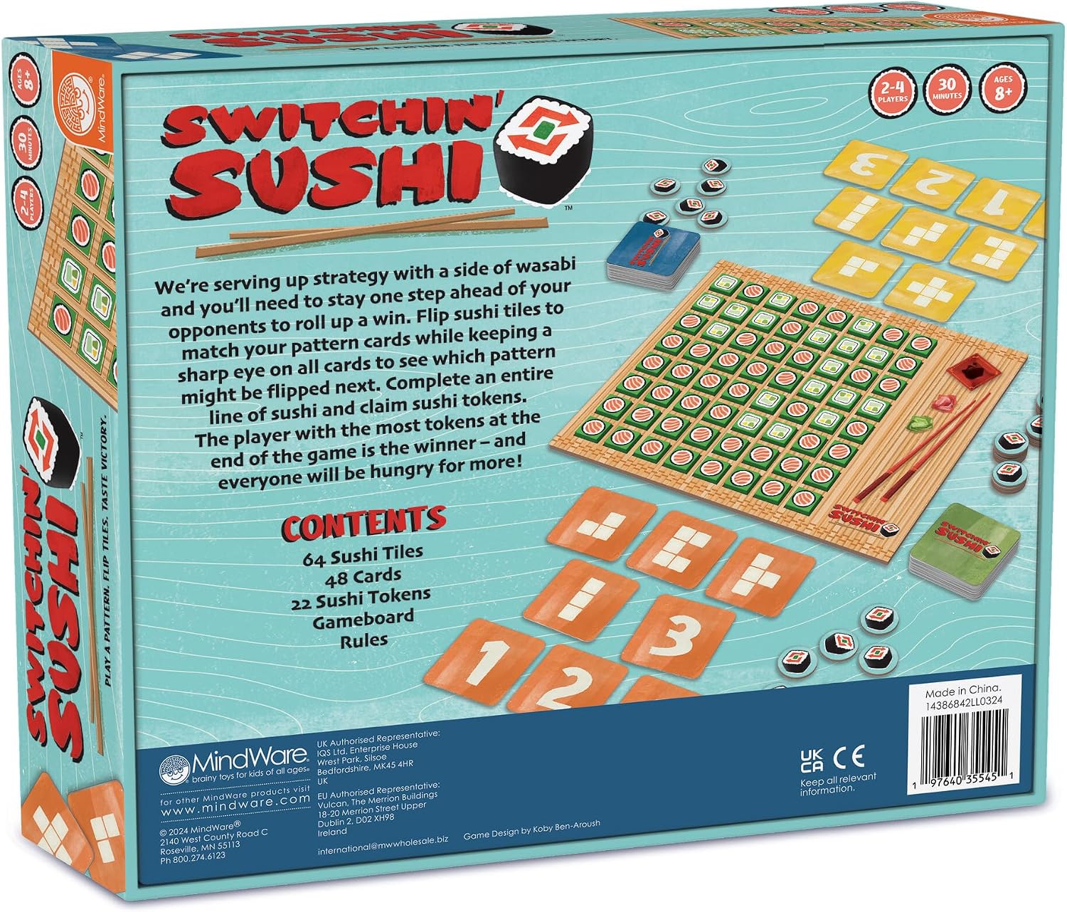 MindWare Switchin’ Sushi Board Game, Strategic Pattern Matching and Tile Flipping Game with Number Cards, Fast-Paced Logic Play for Kids Ages 8+