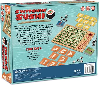 MindWare Switchin Sushi Board Game, Strategic Pattern Matching and Tile Flipping Game with Number Cards, Fast-Paced Logic Play for Kids Ages 8+