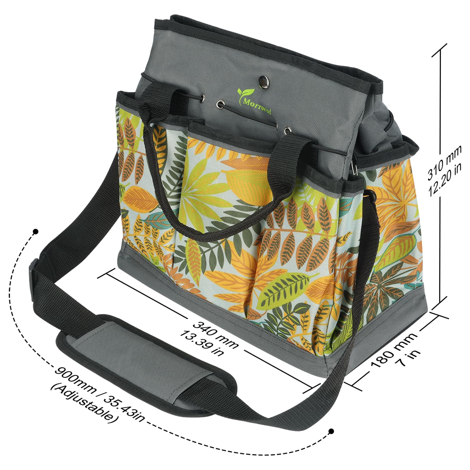 MORROWIND Borsa Attrezzi da Giardino in Tessuto Oxford, Tote con Tasche e Tracolla Regolabile Organizzatore Attrezzi con Tasca con Cerniera per Giardinaggio e Lavoro nel Prato, Verde Floreale