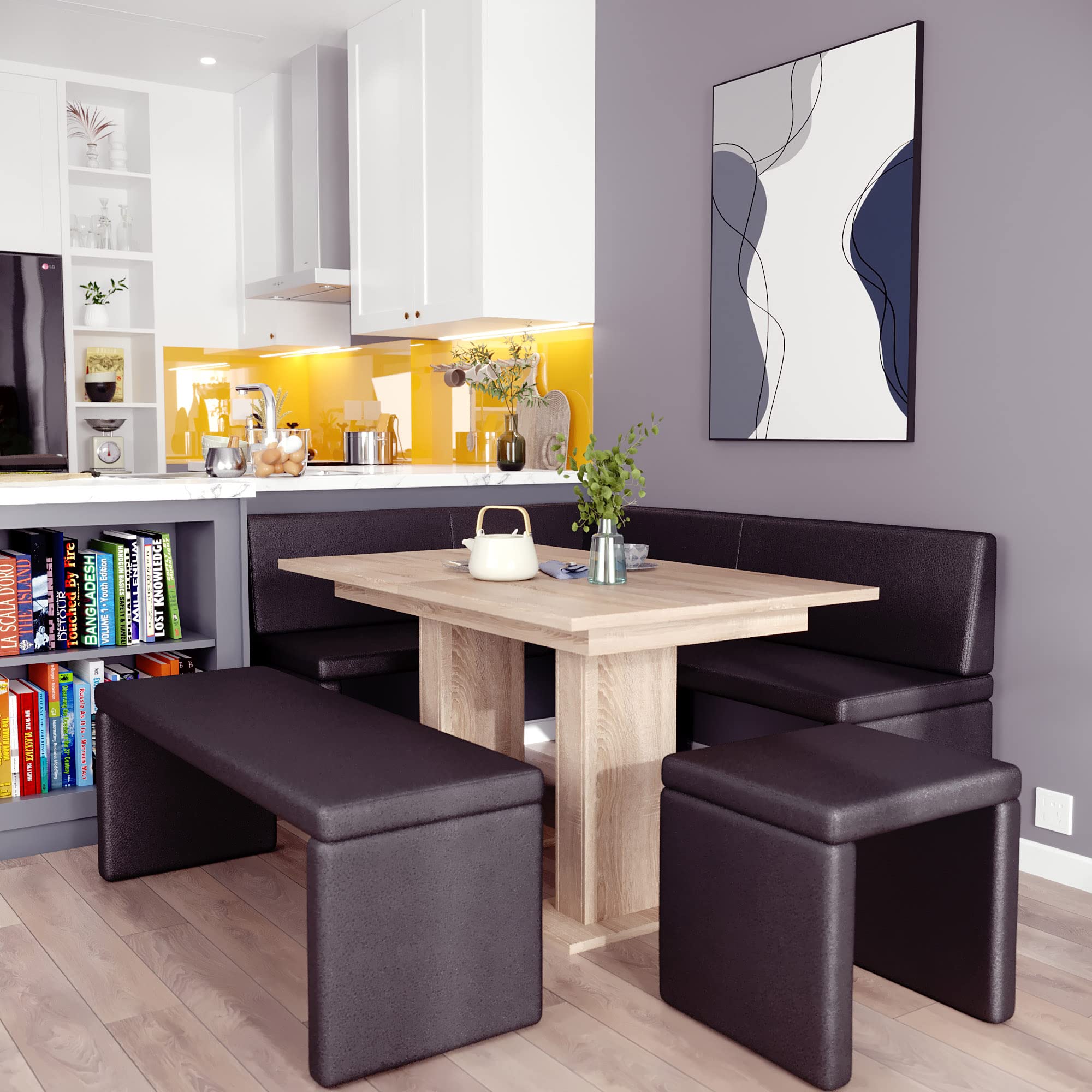 FURNISTAR Eckbank Akiko mit Tisch und Bänken - Eckbankgruppe für Ihrem Esszimmer, Küche modern, Sitzecke, Essecke. Perfekt für Küche, Büro und Rezeption. Solide Verarbeitung (Soft 11, 196x142 rechts)