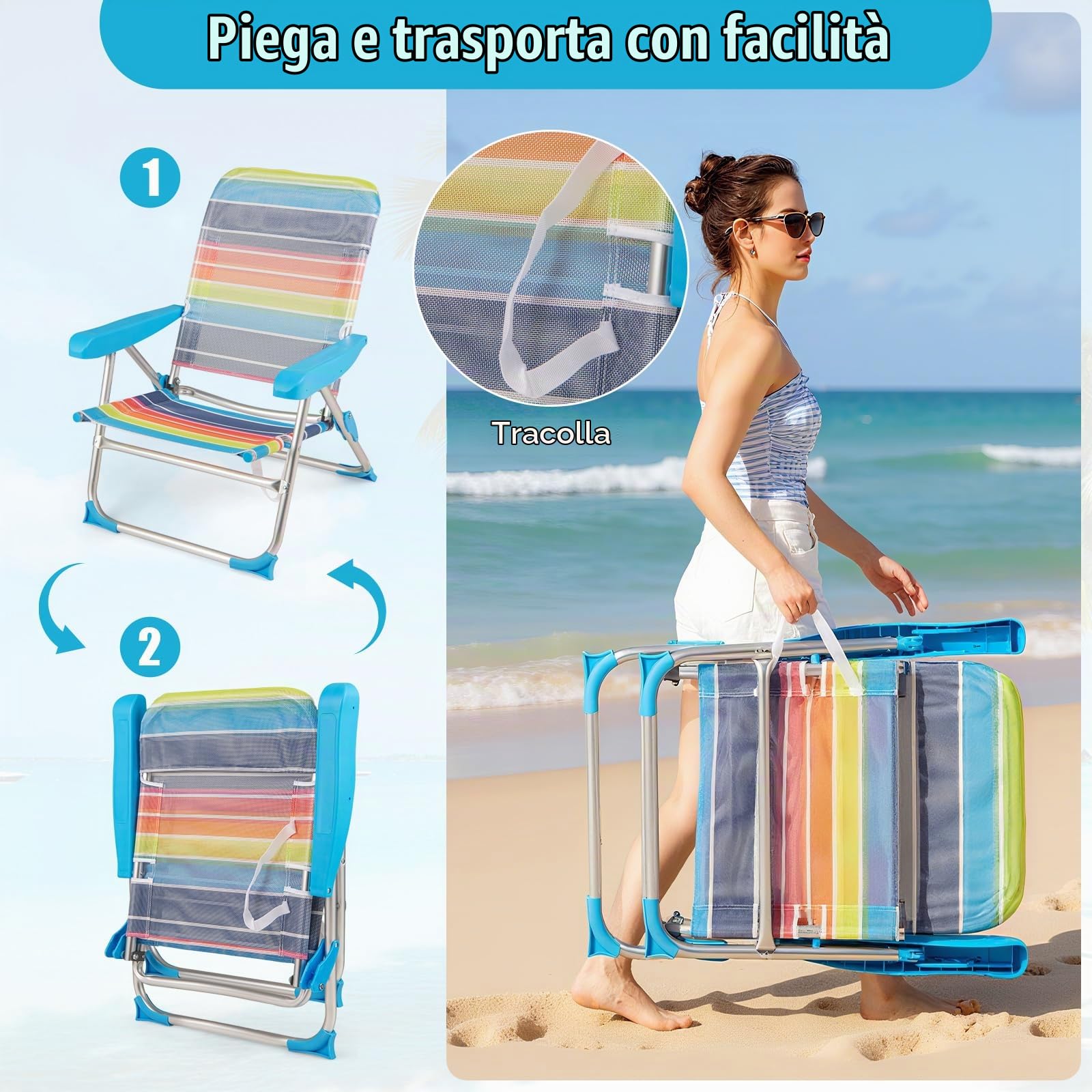 RELAX4LIFE Set di 2 Sedie da Spiaggia, Sedia Pieghevole con Schienale Regolabile a 4 Posizioni, Braccioli, Tracolla, Alluminio Leggero, Portatile, Capacità 150kg, per Picnic, Pesca (64 x 64 x 83 cm)