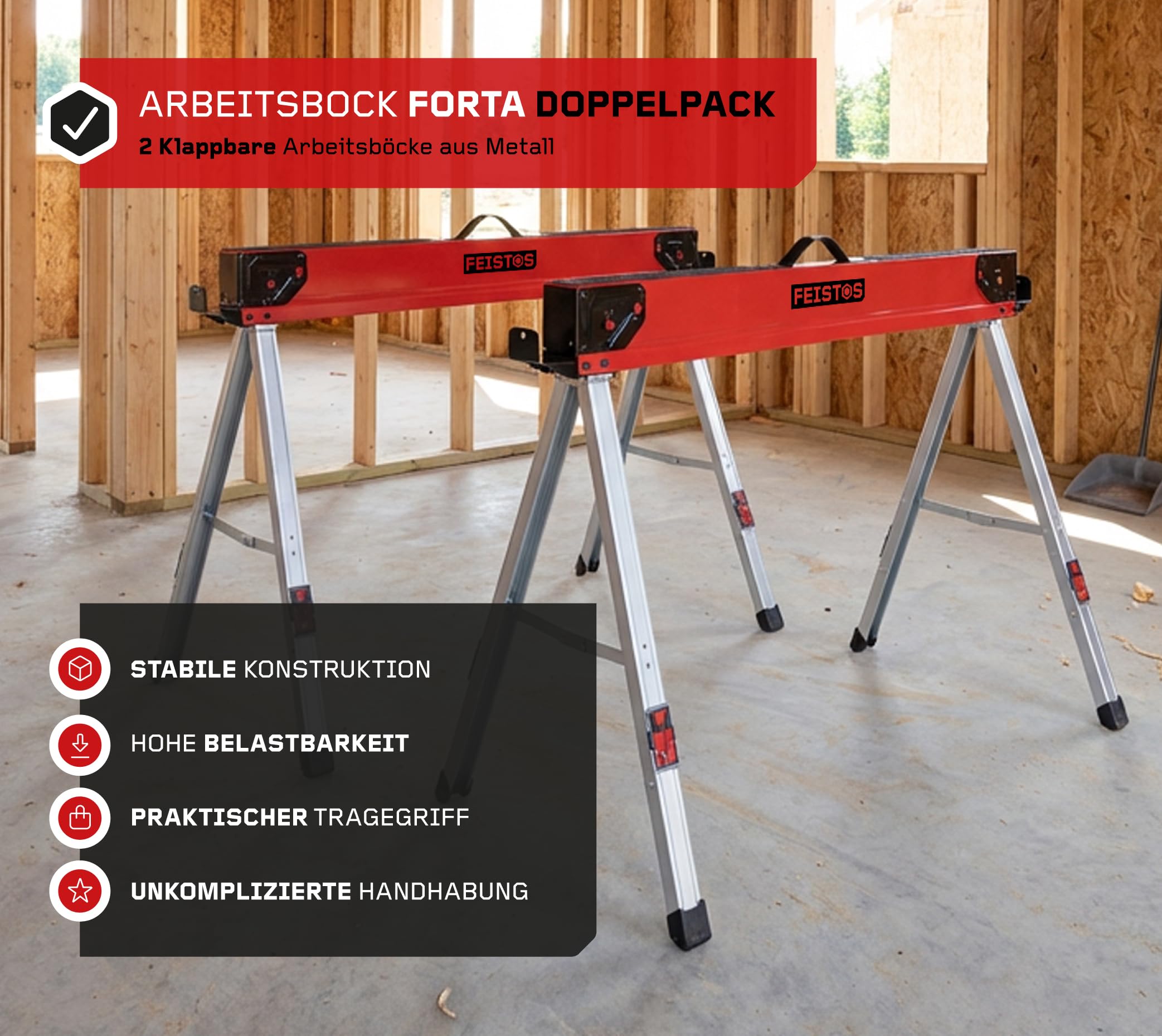 Forta Duo 2er-Set klappbare Arbeitsböcke aus Metall Traglast 500 kg Anti-Rutsch-Auflage