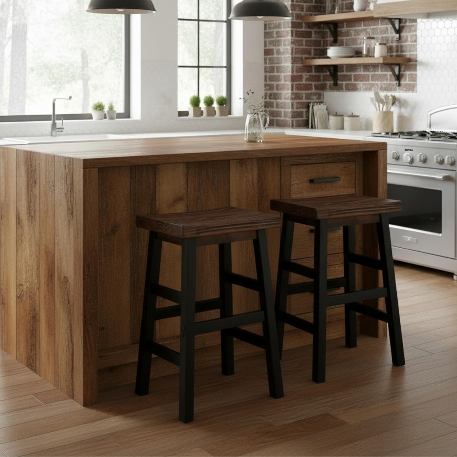 Alaterre Furniture Pomona Dining Collection – Set of 2 Counter Height Bar Stools with Solid Wood Seats and Black Metal Legs – 26" Modern Industrial Farmhouse Kitchen & Bar Seating (Rustic Brown/Black)