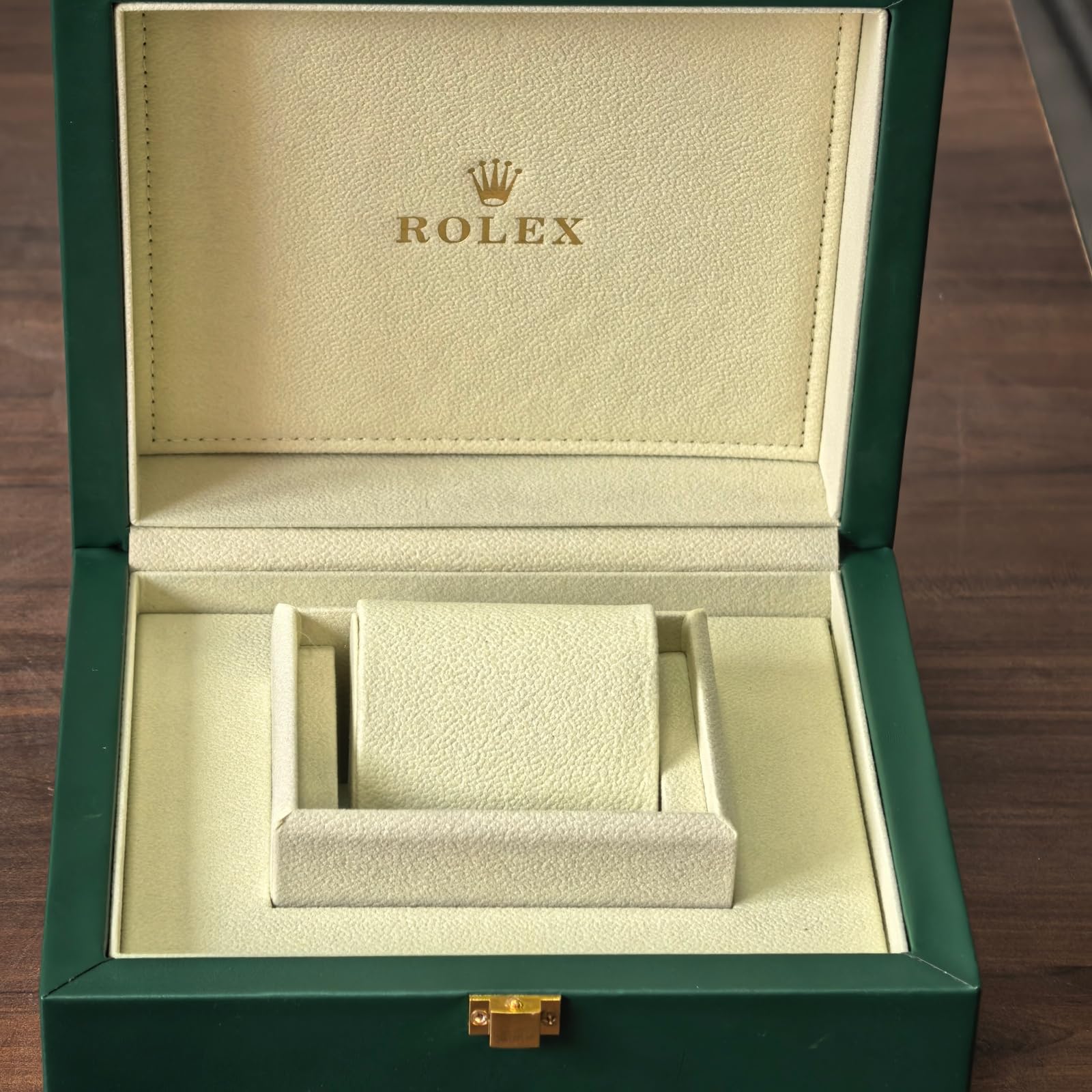 Maletín Reloj Formato Grande Verde Cuero Sintético Pespunte Hardware Dorado Cojín Crema Rejilla Única Hombre para Rolex Submariner Date