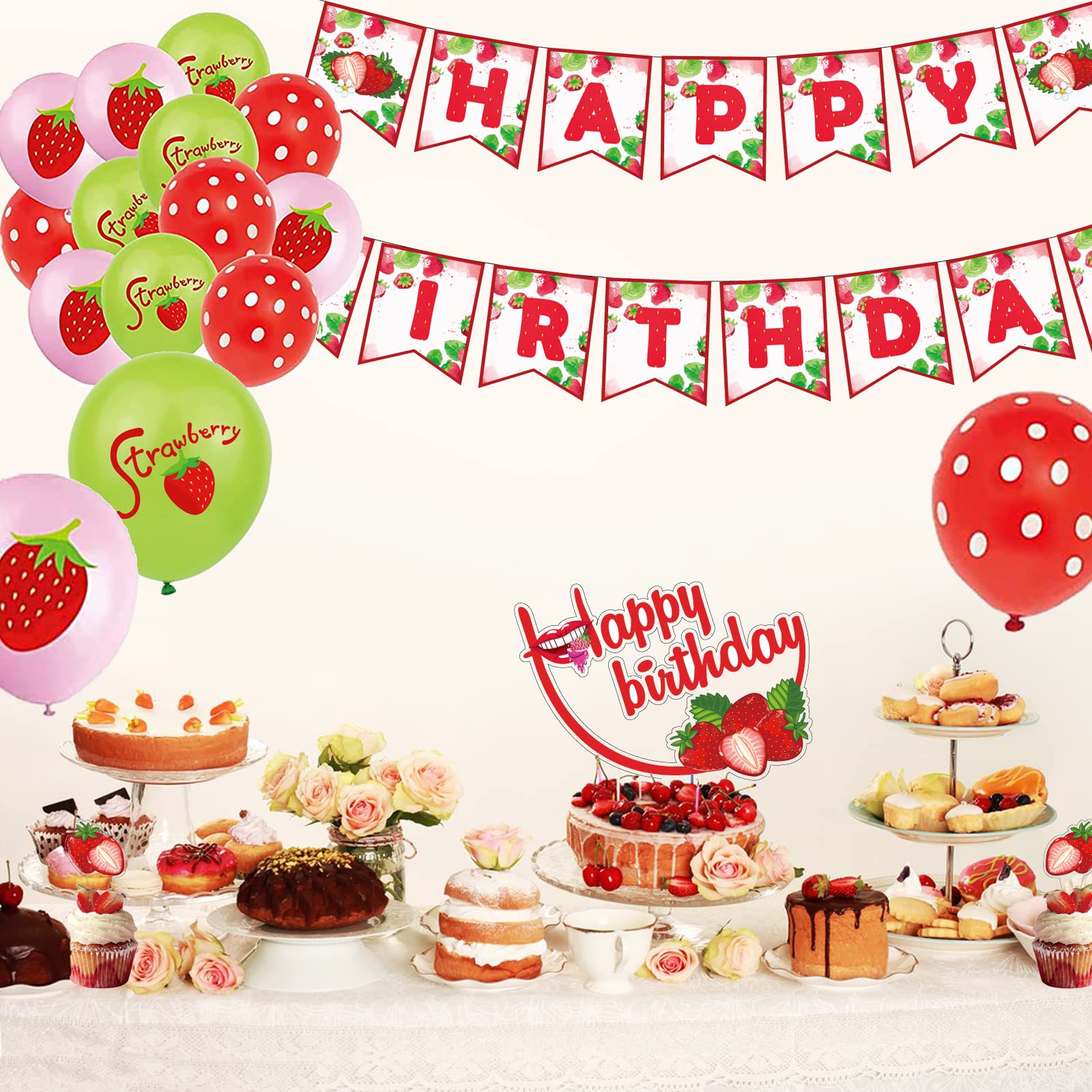 Banner Di Buon Compleanno A Tema Fragola – Decorazione Festa Rosso E Verde, Per Ragazze
