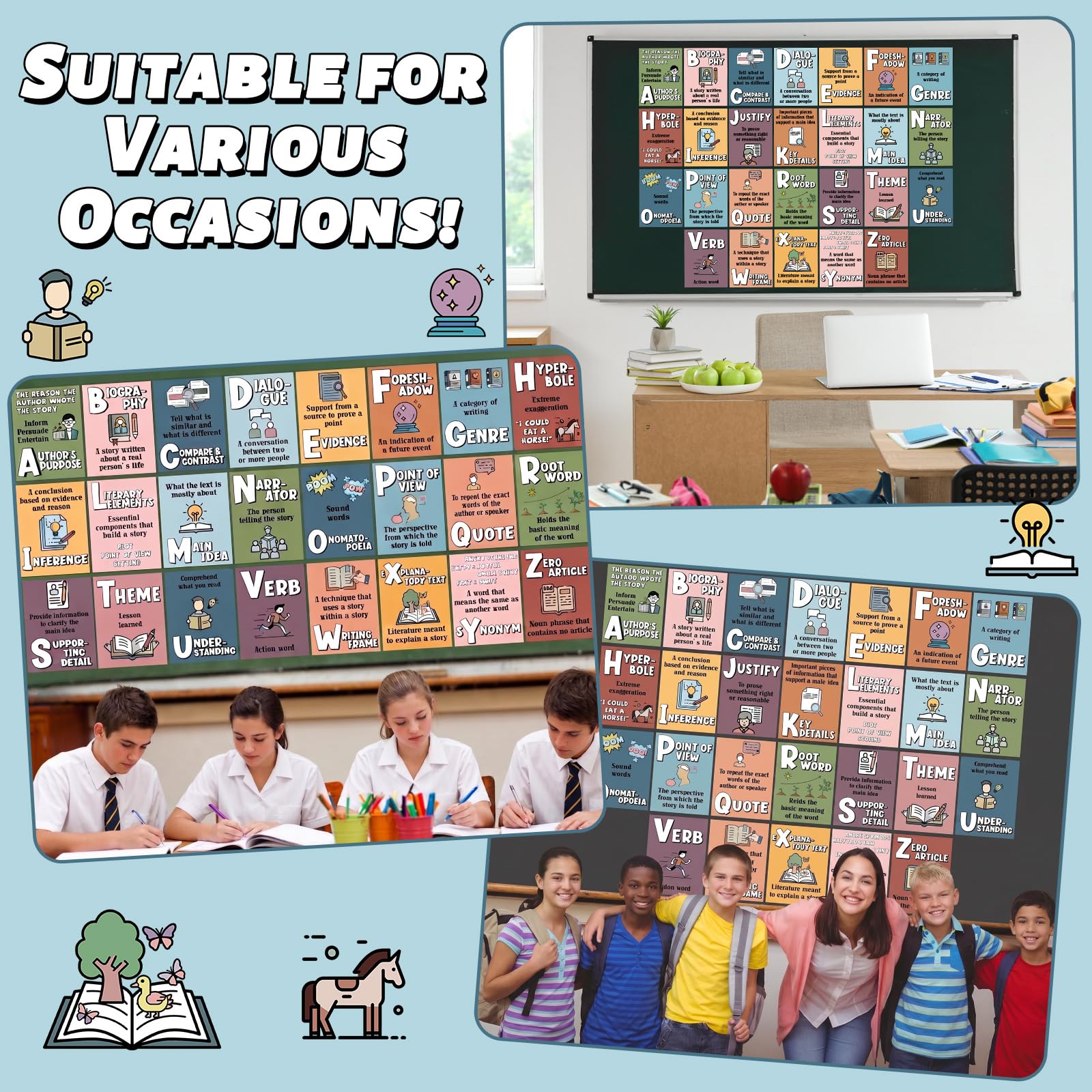Lot de 26 affiches de l'alphabet ELA pour salle de classe - Poster d'écriture pour salle de classe, stratégie de lecture, tableau d'affichage pour la rentrée scolaire, la maternelle, le primaire, la