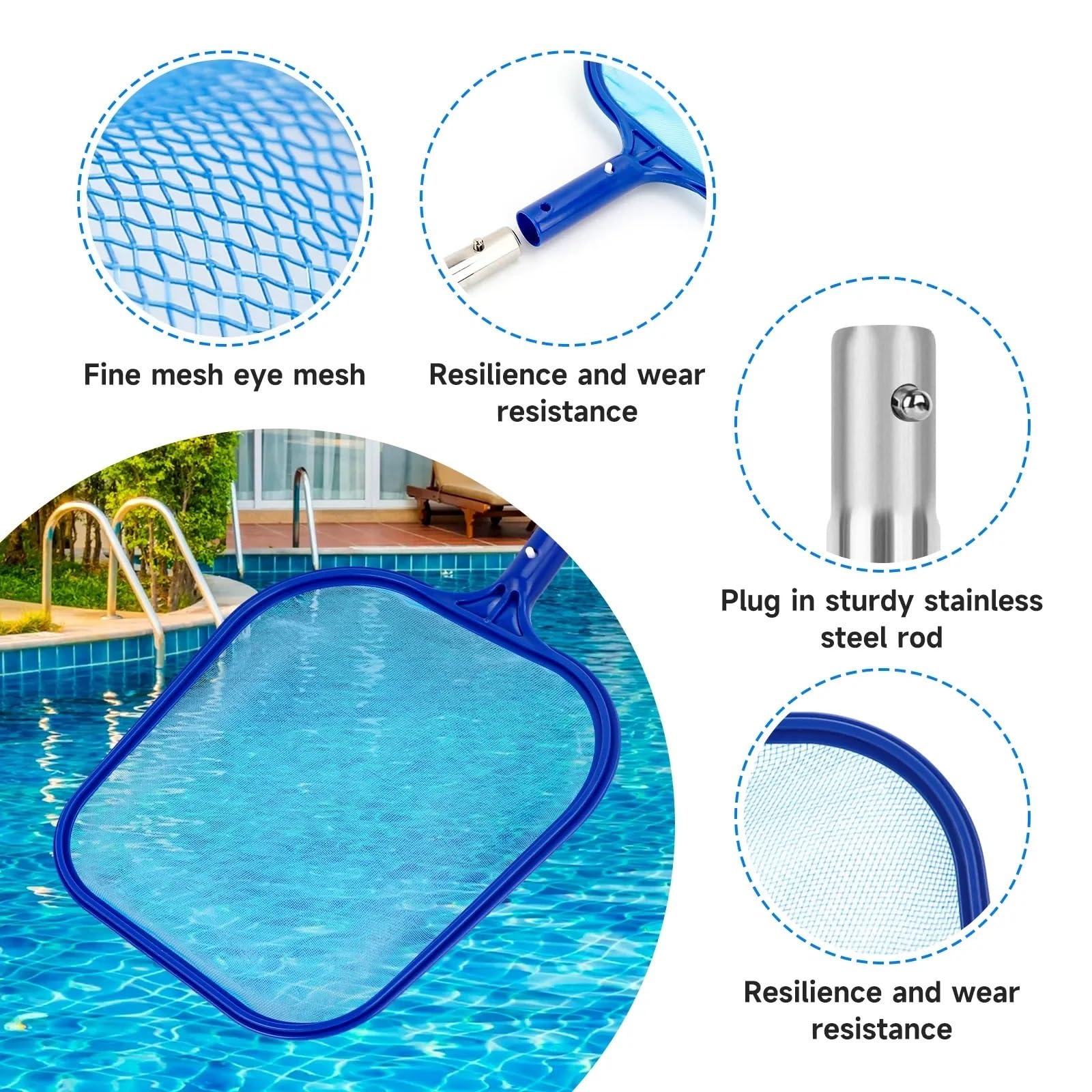 Cesta de Skimmer 158 cm con Poste Extensible Acero Inoxidable, Red Malla Fina for Limpiar Hojas en la Piscina y el SPA para Piscina Estanque(Blue)