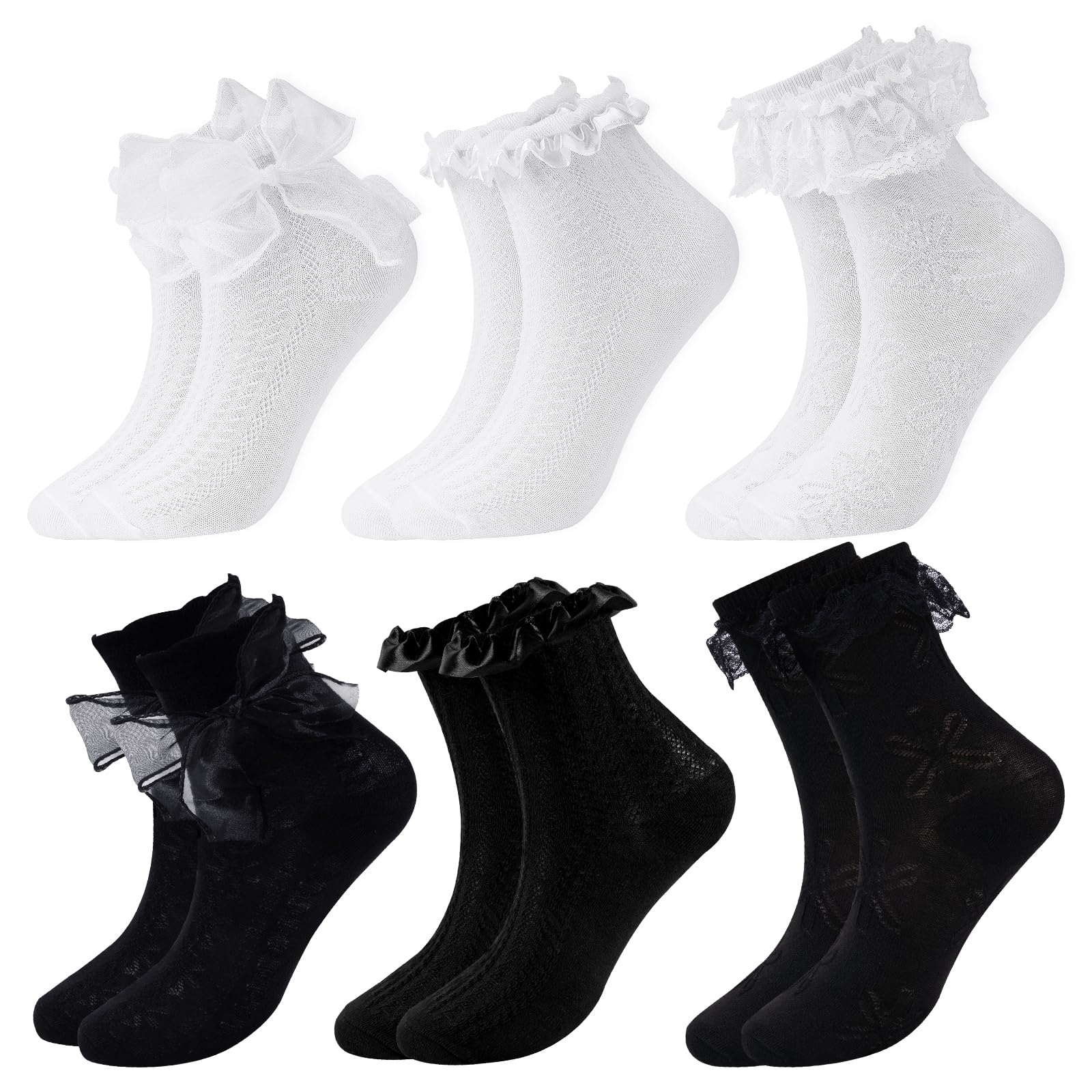 Setgoold 6 Pairs Girls Ruffle Socks Lace Frilly Ankle Sock Cute Princess Cotton Ballet Socks for Women Girls White & Black