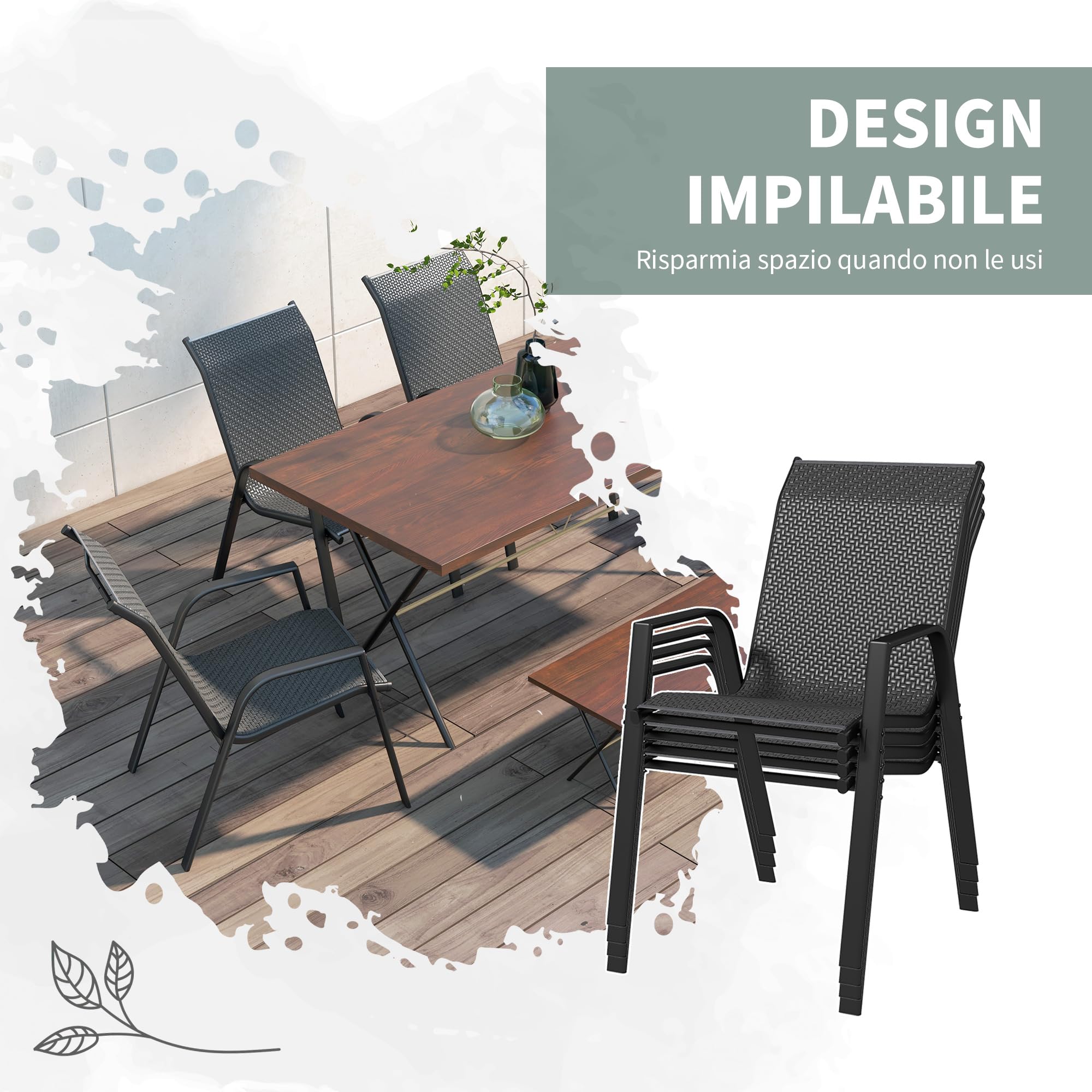 Outsunny Set 4 Sedie da Giardino Impilabili in Rattan PE e Acciaio Grigio | Sedie da Pranzo per Esterni con Braccioli