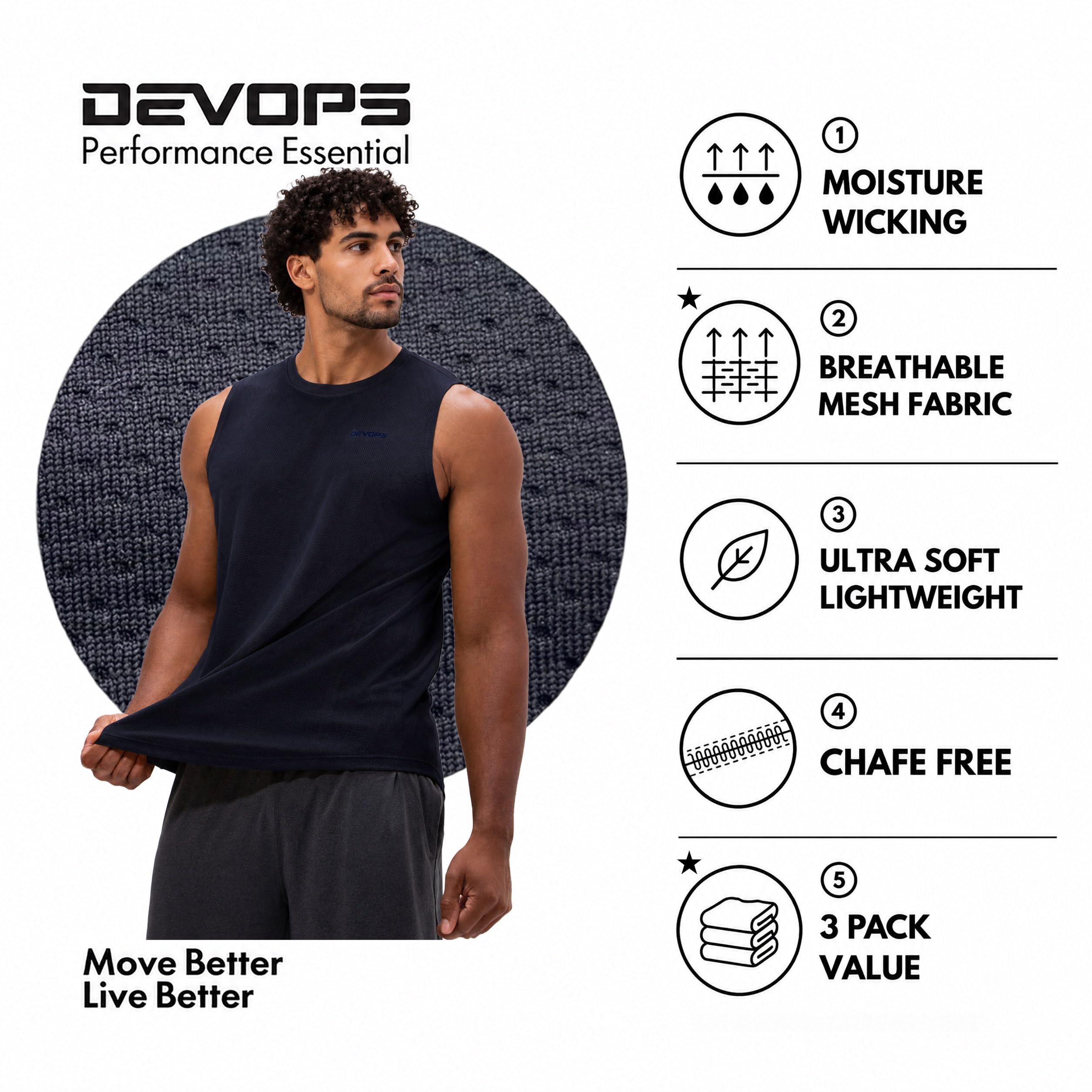 Devops, Confezione da 3 canottiere da uomo senza maniche, tessuto traspirante, ideali per allenamento in palestra, corsa e attività sportiva ad asciugatura rapida, M
