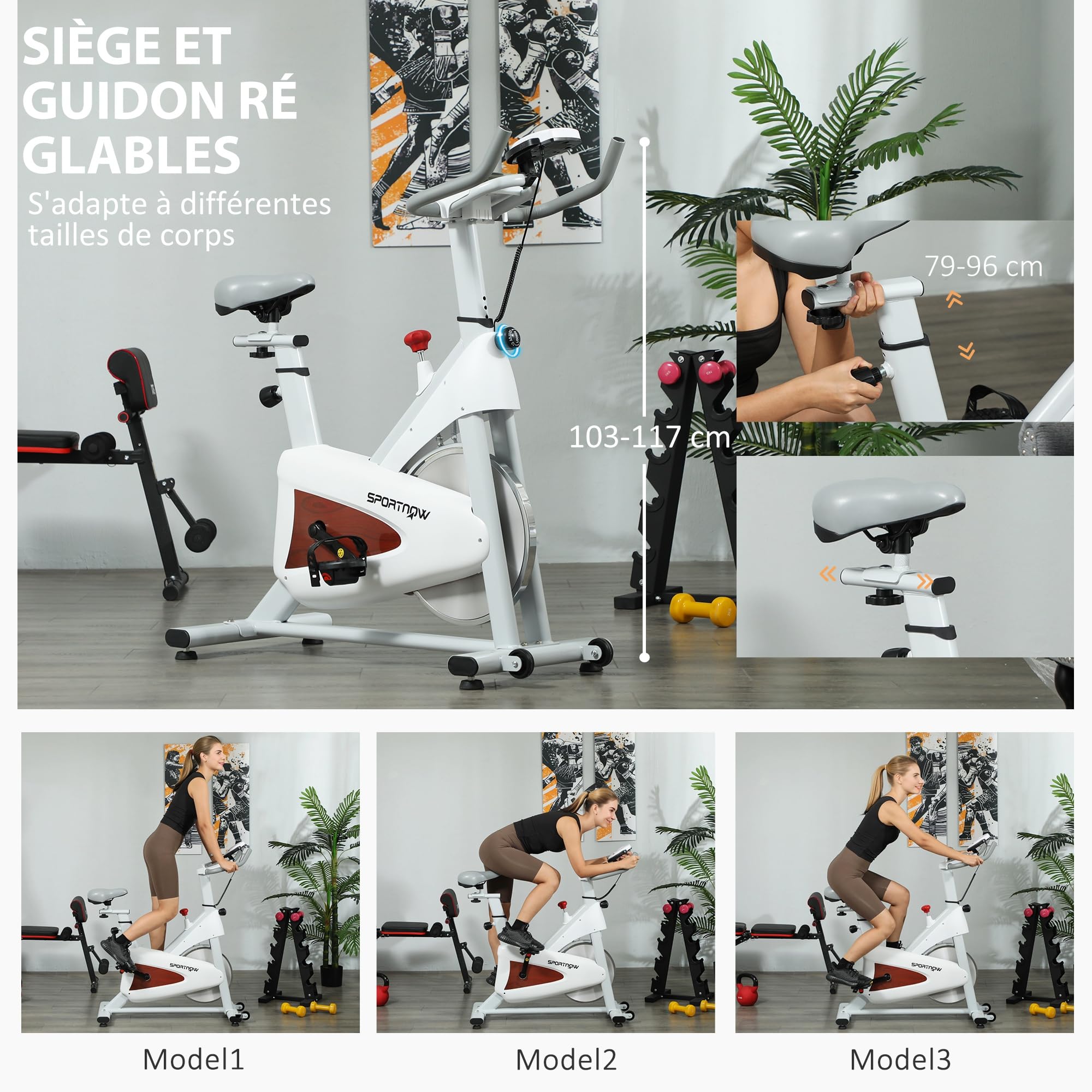 SPORTNOW Cyclette Stazionaria Silenziatore Monitor LCD Bianco | Sella e resistenza regolabili, supporto per tablet, esercizio interno per allenamento cardio a casa