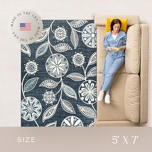 Miniatura 4 de Alfombras de área con diseño floral Maples Rugs Reggie para sala de estar y dormitorio (fabricado en Estados Unidos), 5 x 7, color azul persa