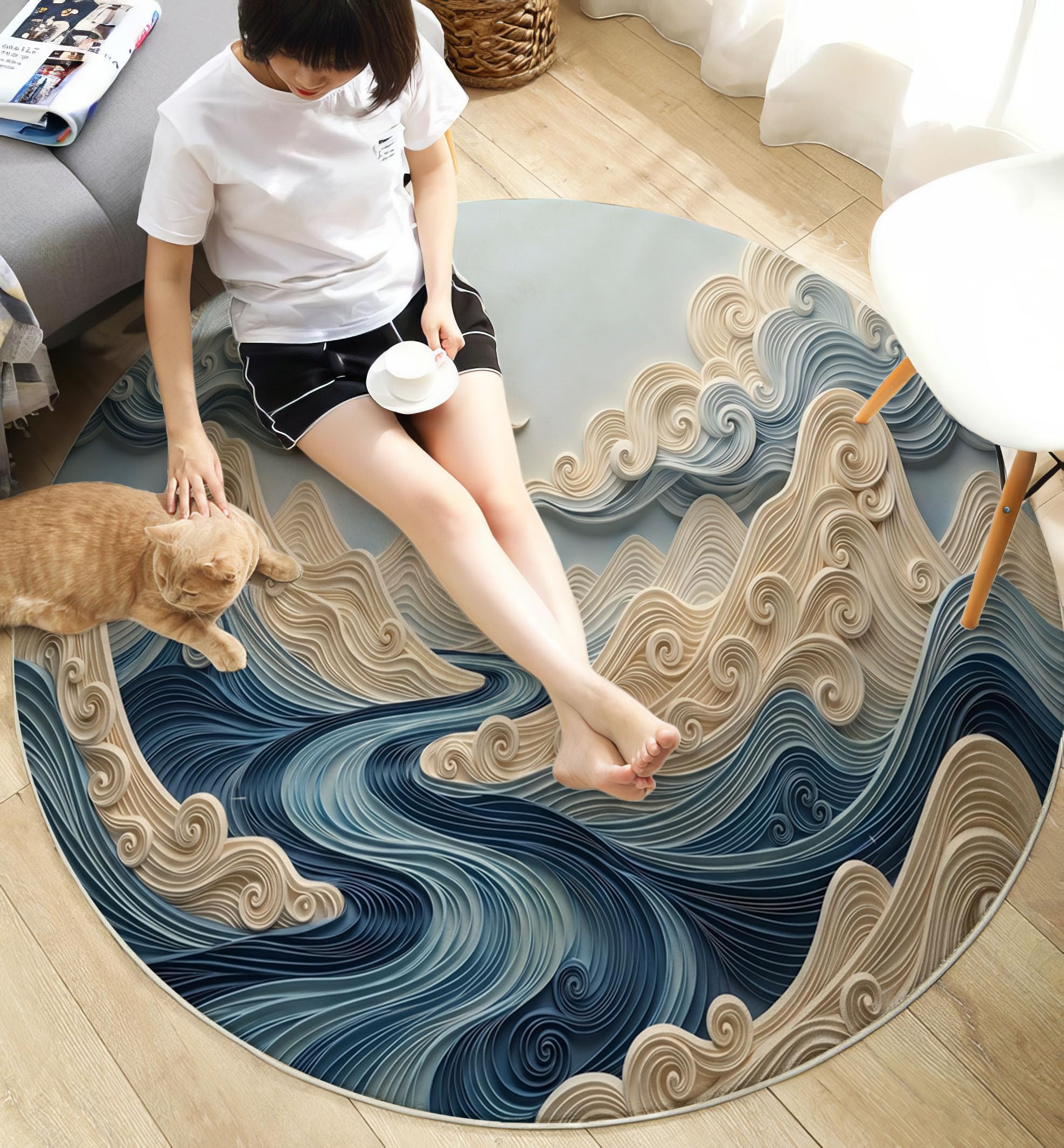 Tapis Rond Lavable Antidérapant Relief De Vagues Japonaises en 3D
