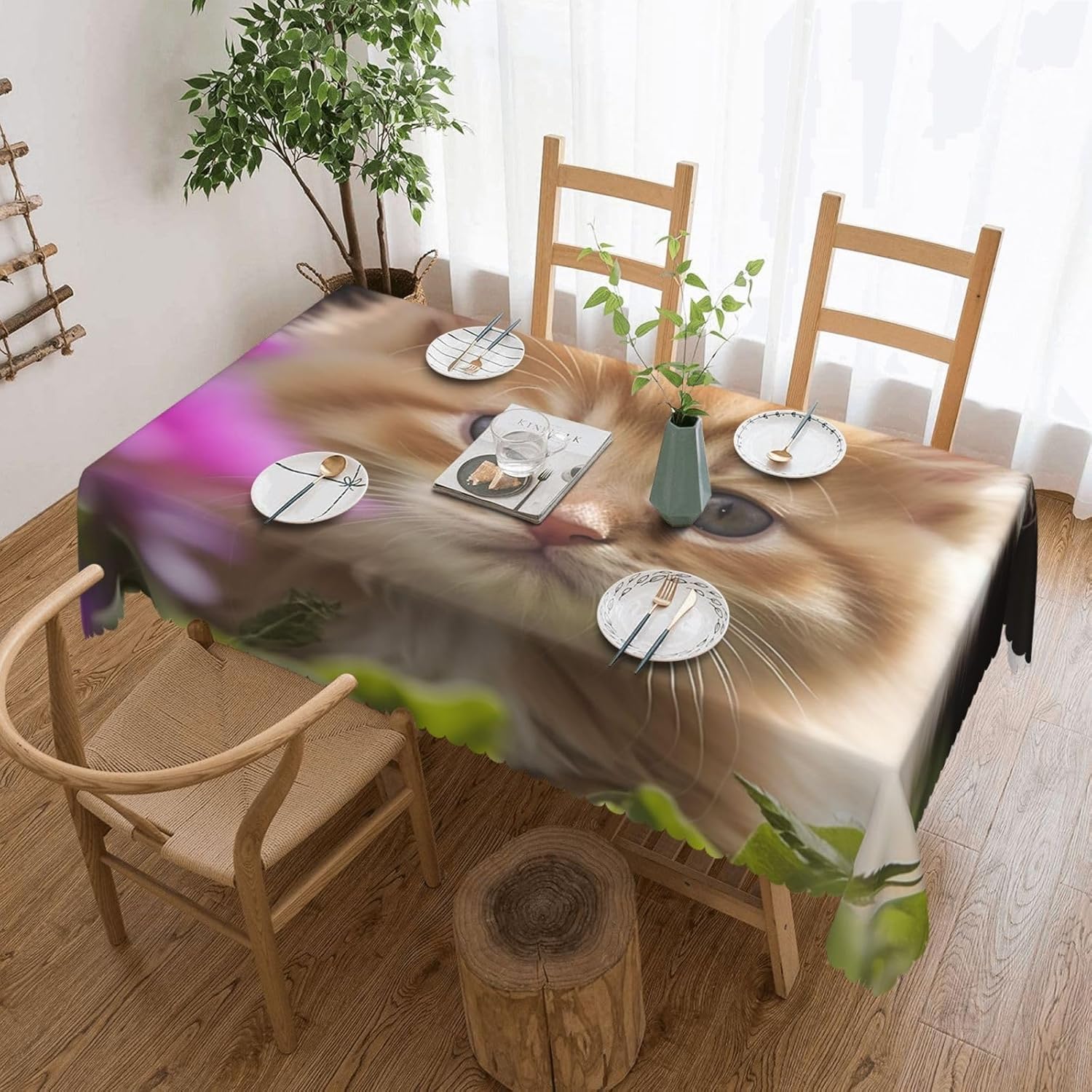 Prostokątny obrus 140 x 300 cm kot kot zwierzę domowe, tkanina poliestrowa odporna na plamy i zmywalna, ochraniacz na stół dla 8-10 osób, do użytku w kuchni, salonie, wewnątrz i na zewnątrz, 5421v