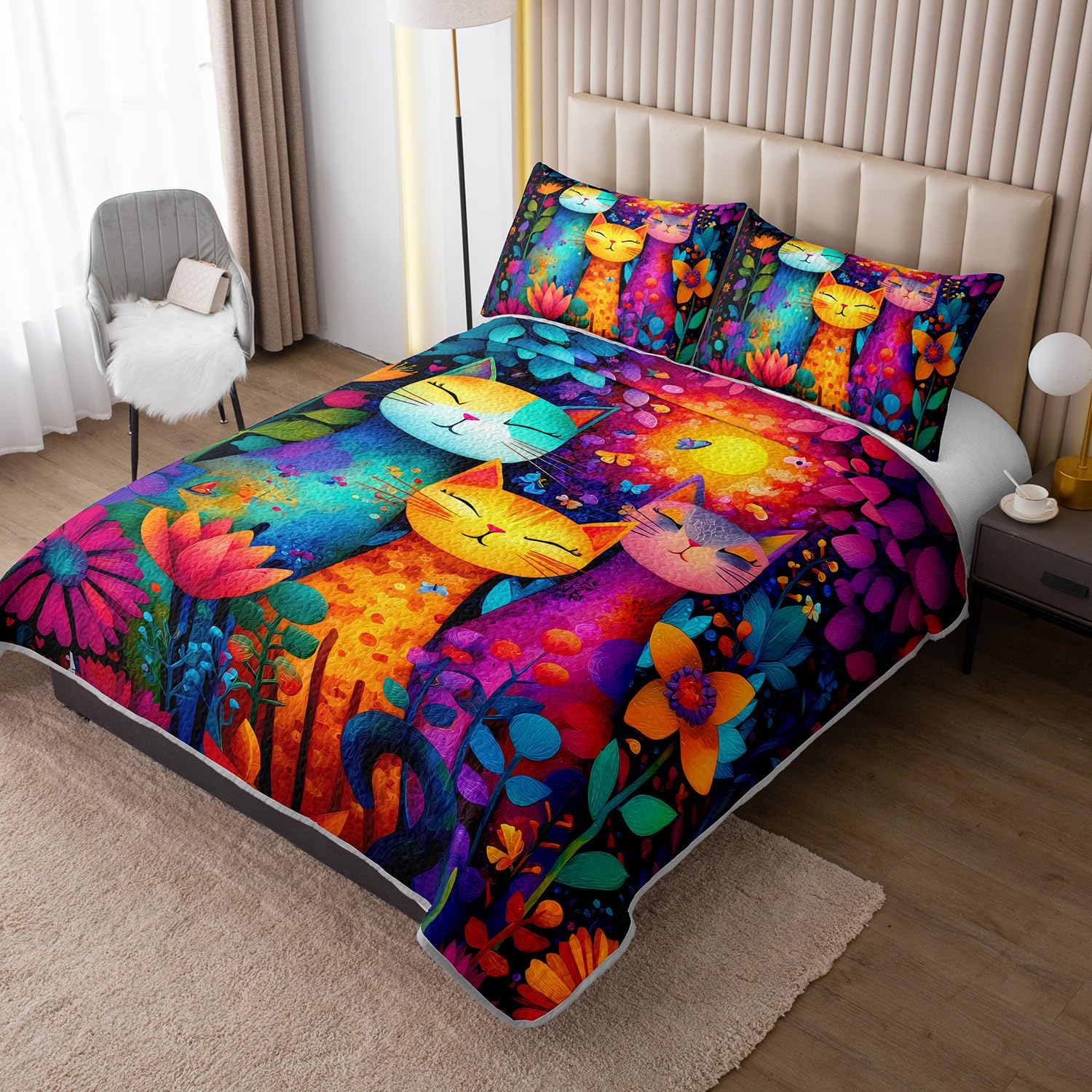 HOSIMA Cat Quilt Bedding Set King Size,Colorful Cats Flowers Printed Cute Bedding for Kids Adults Room Decor,Animal Themed Bohemian Style Floral Quilt with 2 Pillowcases for All Seasons.