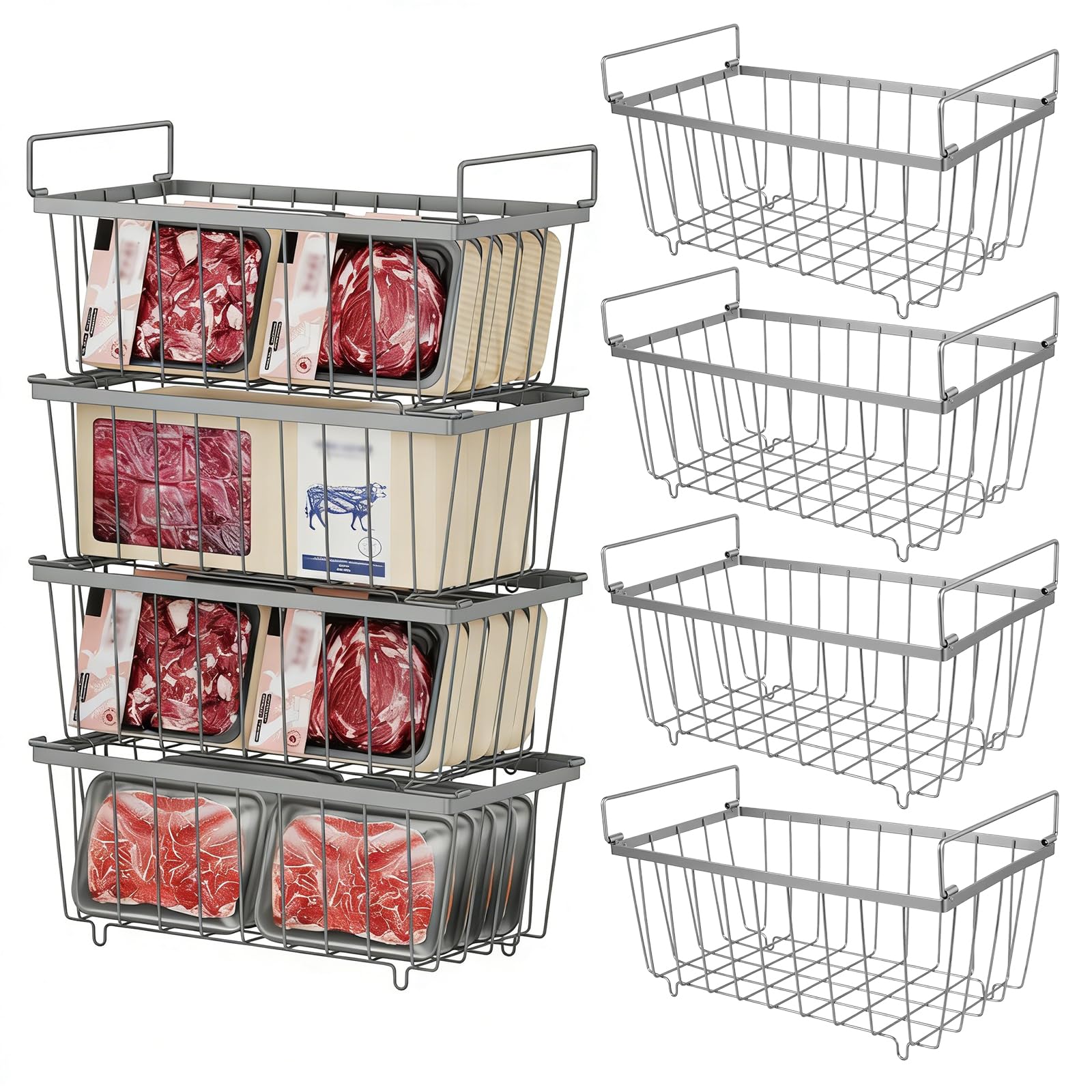 4 Pack Chest Freezer Baskets - Stackable Freezer Organiser for 198L Chest, Storage Basket Pantry with Handles for Kitchen Cabinets Pantry, Sort Frozen Foods and Save Space Easy to Get Items, Grey
