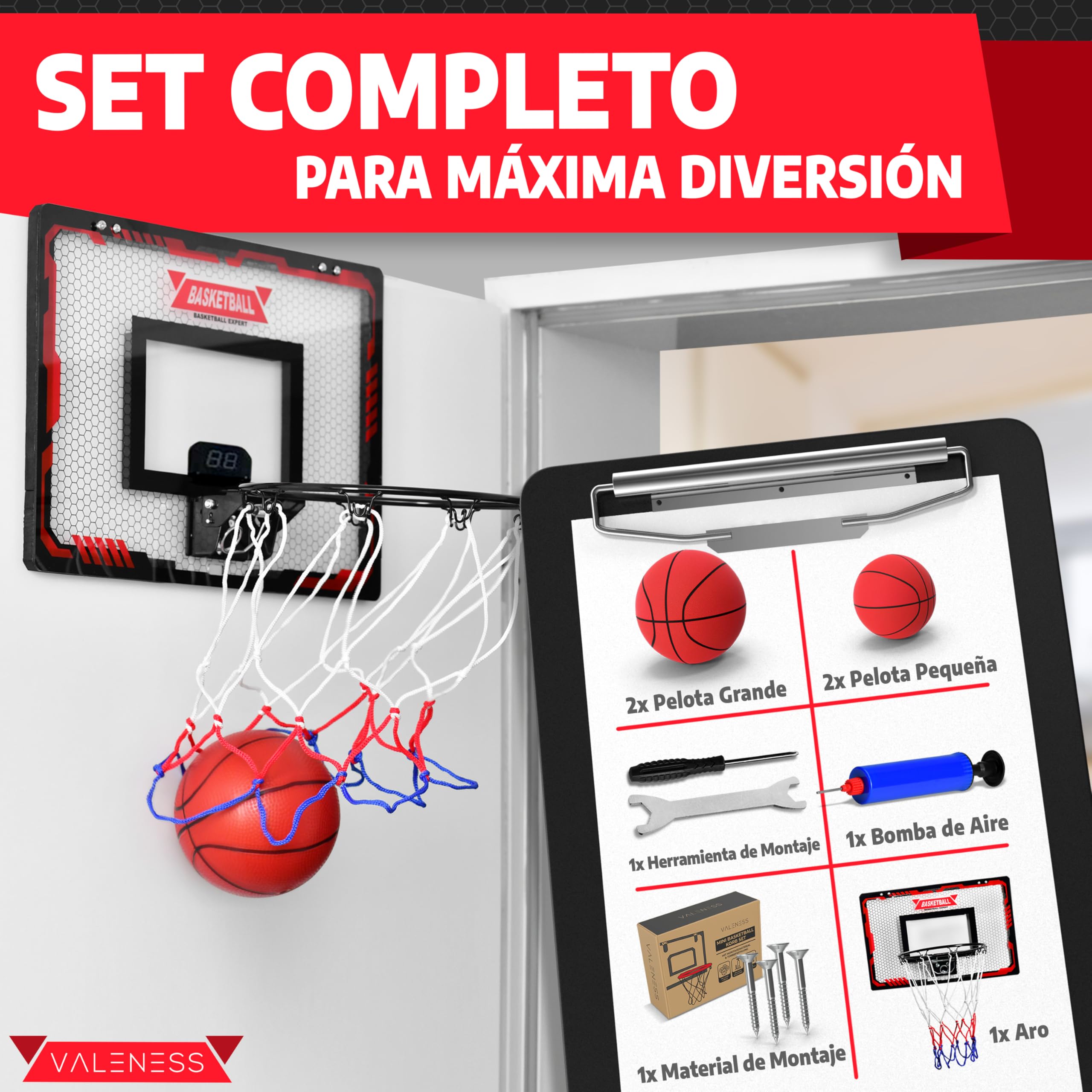 VALENESS® Mini canasta de baloncesto para interior [para puerta y montaje en pared] – pequeña cesta de baloncesto con función oscura, 4 pelotas, bomba y accesorios de fijación – para niños y adultos
