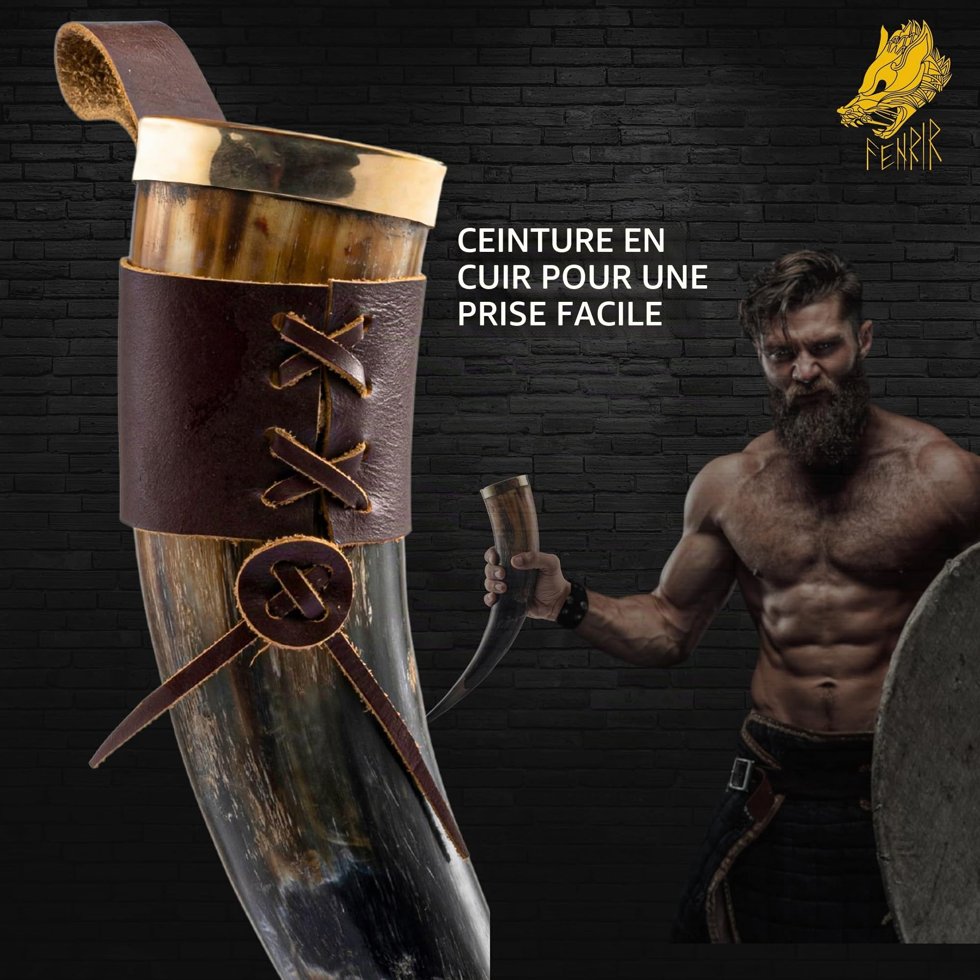 FENRIR Viking Corne véritable en laiton avec ouvre-étui en cuir marron - Brillance biologique naturelle - Pour bière, hydromel - Boisson froide authentique (taille 425,2 à 510,3 g)
