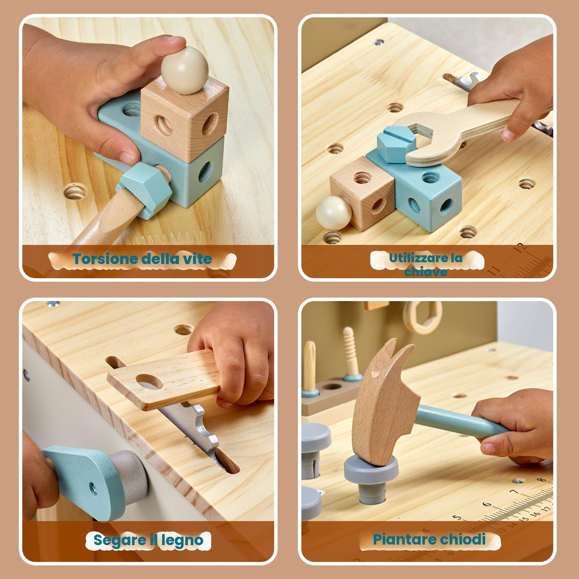 Set di attrezzi per bambini, strumenti in legno panca con grembiule per bambini giocattolo banco da lavoro con strumenti realistici trapano elettrico STEM BAU giocattoli regali per età 3-9 ragazzi