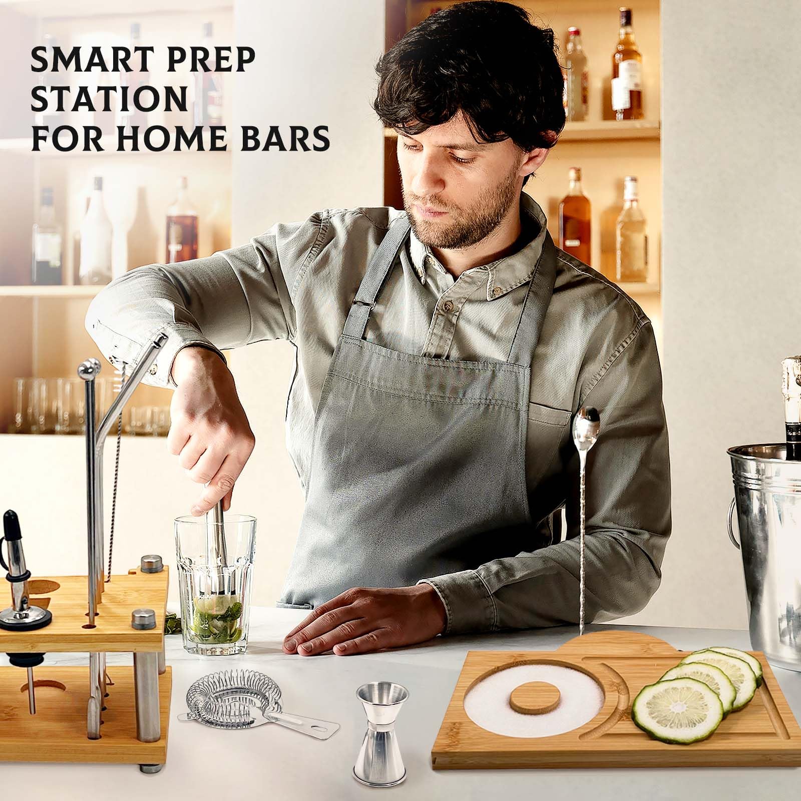 Daily Treasures Kit Professionale per Cocktail con Supporto Bambù - Shaker Boston 825ml, Accessori Bar Completi e Libro Ricette, Regalo per Appassionati di Mixology
