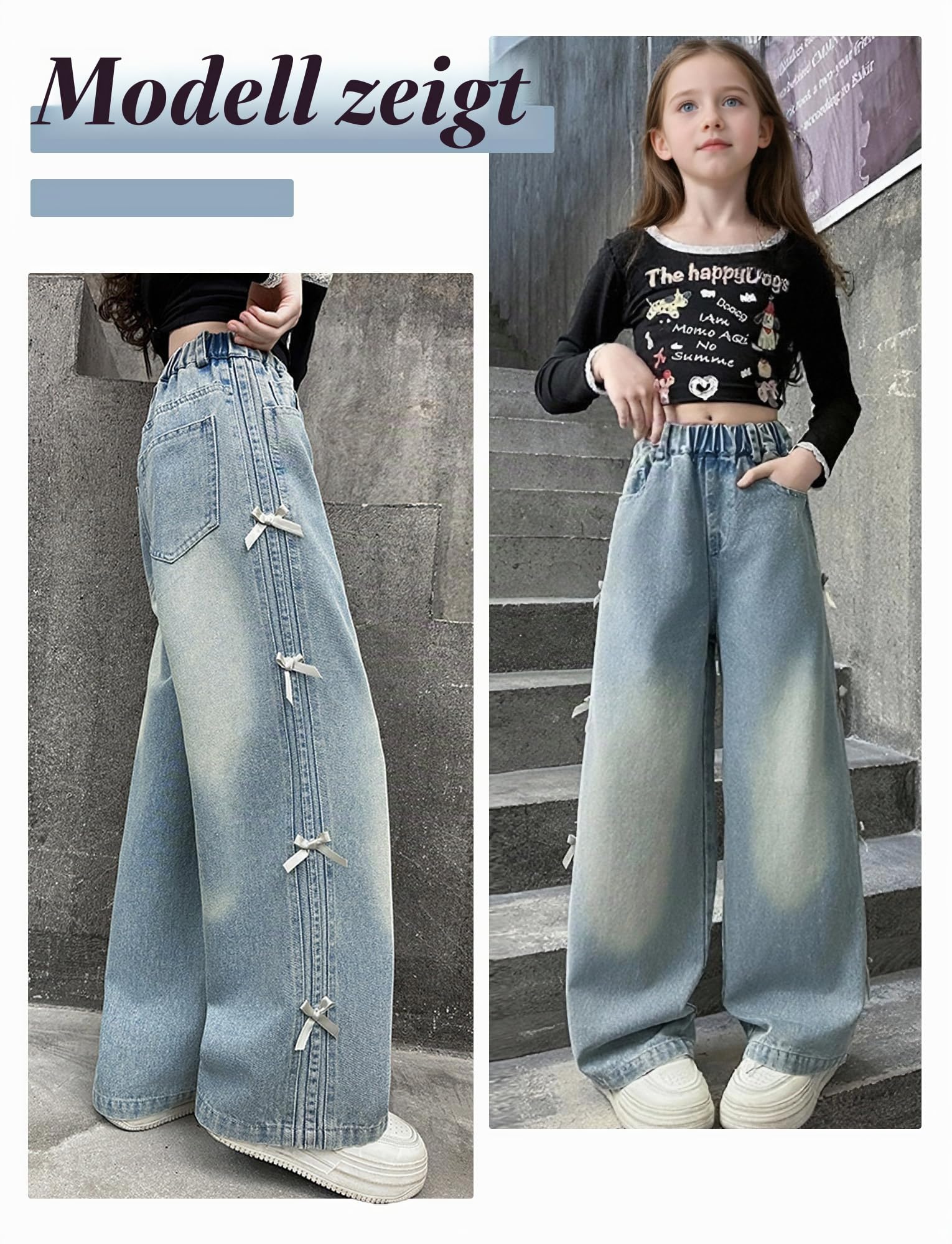 SEAUR Baggy Jeans für Mädchen EU 110-164 Jeanshose Wide Leg mit Print Y2K Denim Hose Elastischem Bund