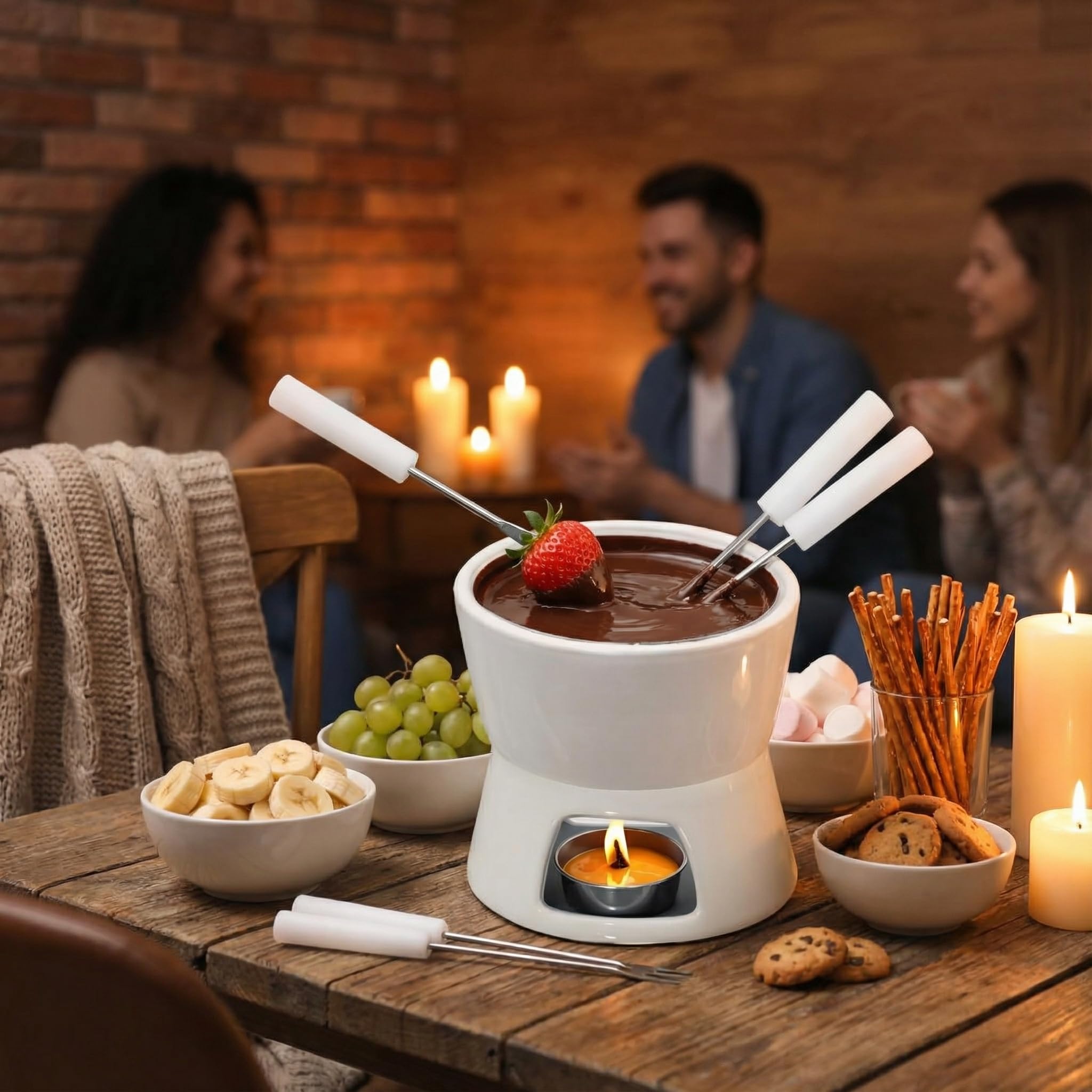 MIJOMA Mini set per fonduta di cioccolato – Scopri il puro piacere del cioccolato – Design alla moda ed elegante in bianco, con 2 forchette per fonduta, ideale per biscotti e frutta, ceramica, 10 x 9