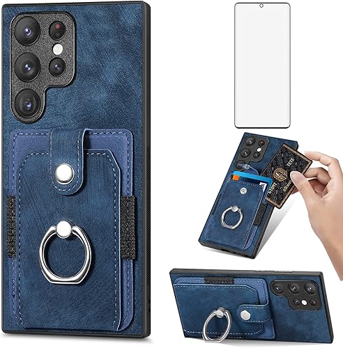 Asuwish Funda de teléfono para Samsung Galaxy S21 Ultra 5G Funda tipo cartera con protector de pantalla de vidrio templado y soporte de anillo