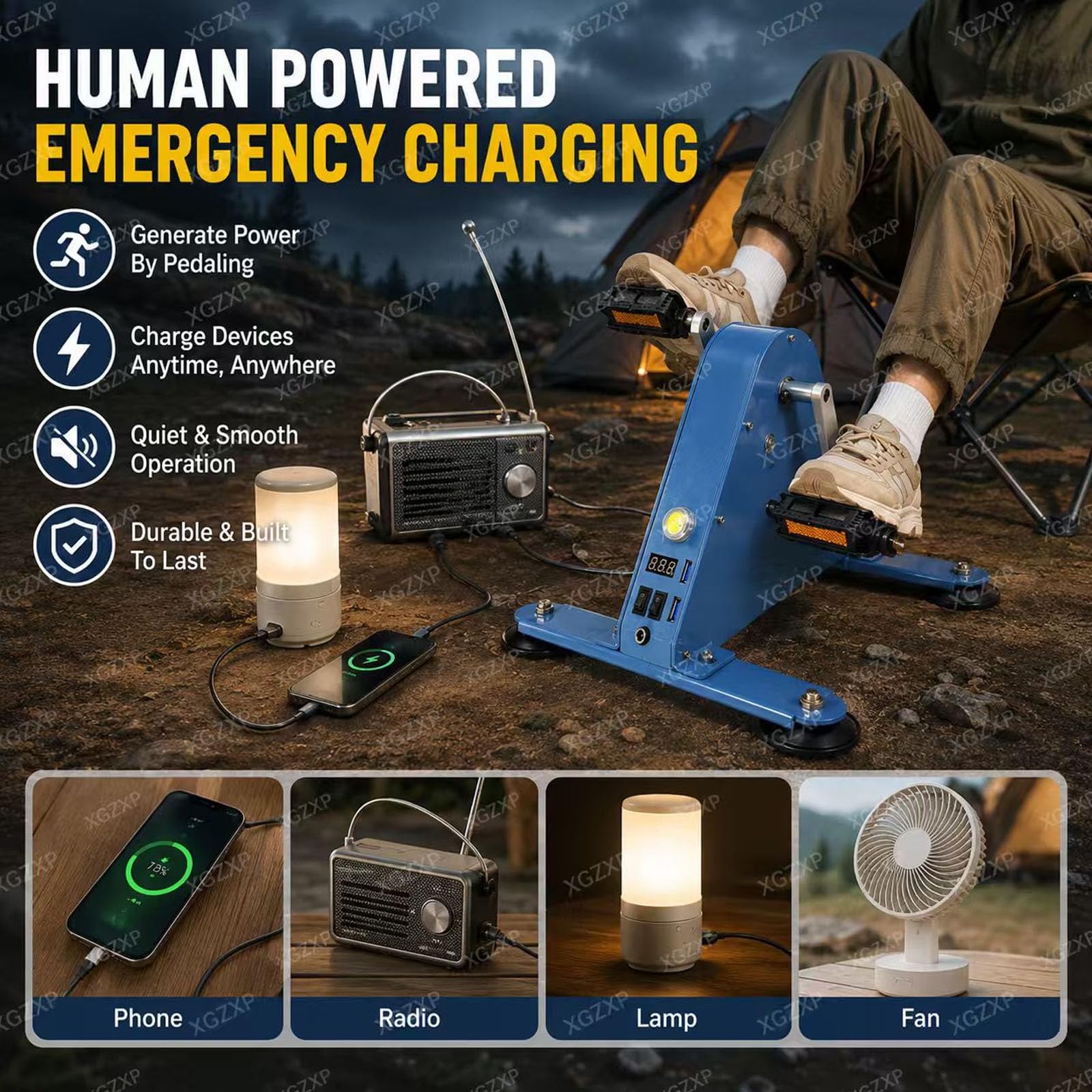 Generator energii na pedały, ładowarka generatora, podwójny interfejs USB i oświetlenie LED do laptopów, zewnętrzne zasilanie zapasowe