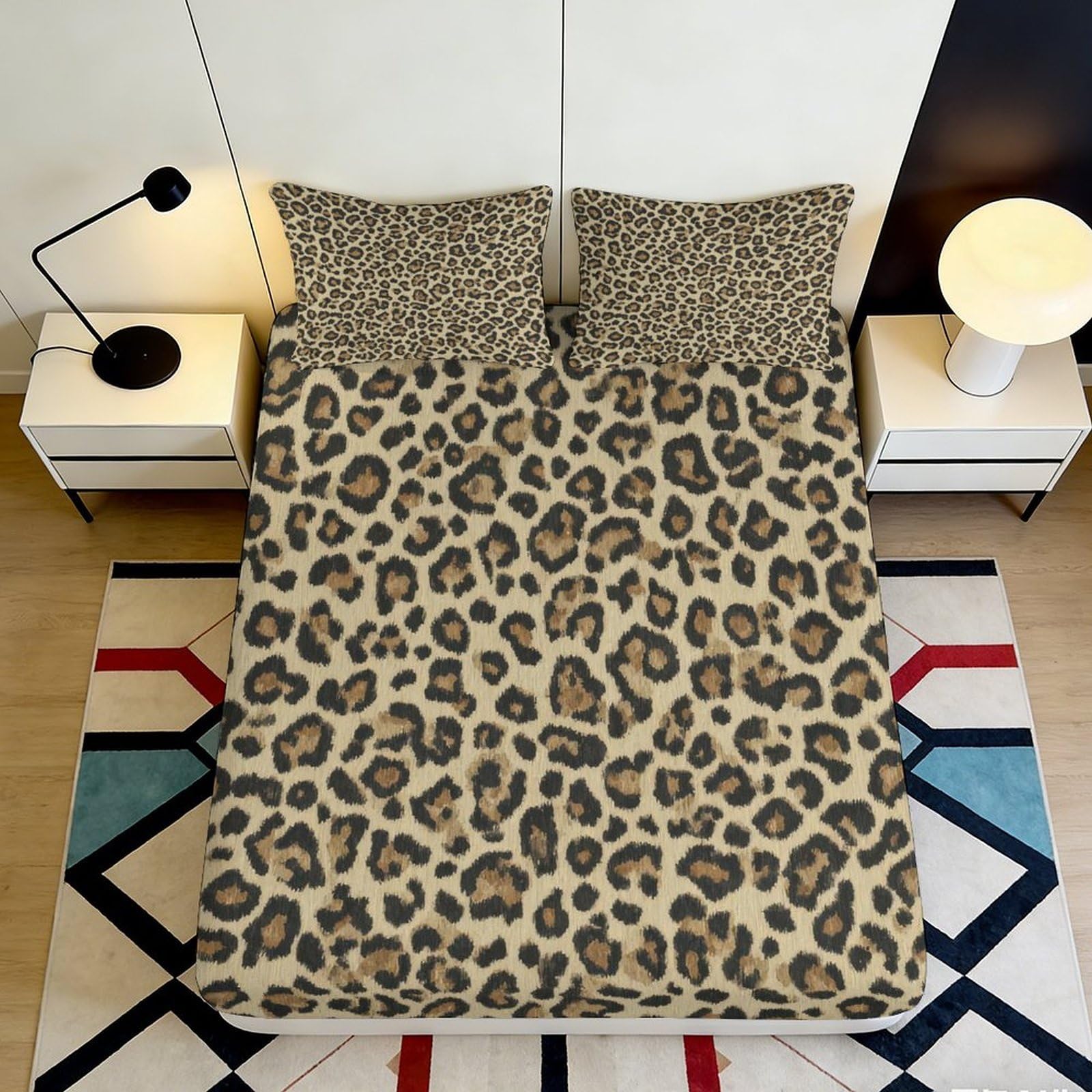 3D Printed Leopard Print Fitted Sheet Microfiber Soft Durable Animal Pattern Bed Cover for Bedroom Dormitory Guest Room Mattress Protection 200x200x25cm