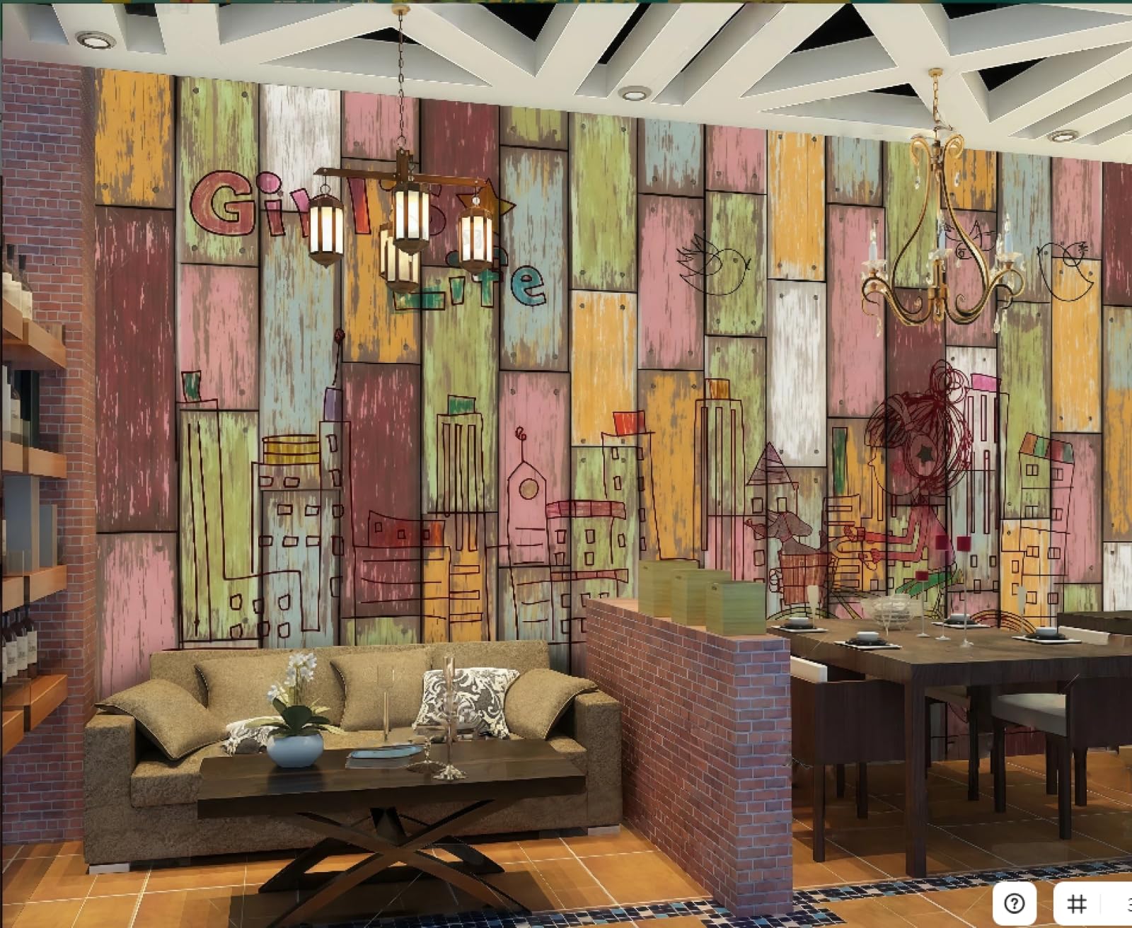 Rskjdghshd 3D Wallpaper Retro Colorful Wooden Board Building Silhouette Cartoon Themed Beverage Shop Western Restaurant Background Wall Mural Afternoon Tea Coffee Shop Wallpaper,,250X175cm