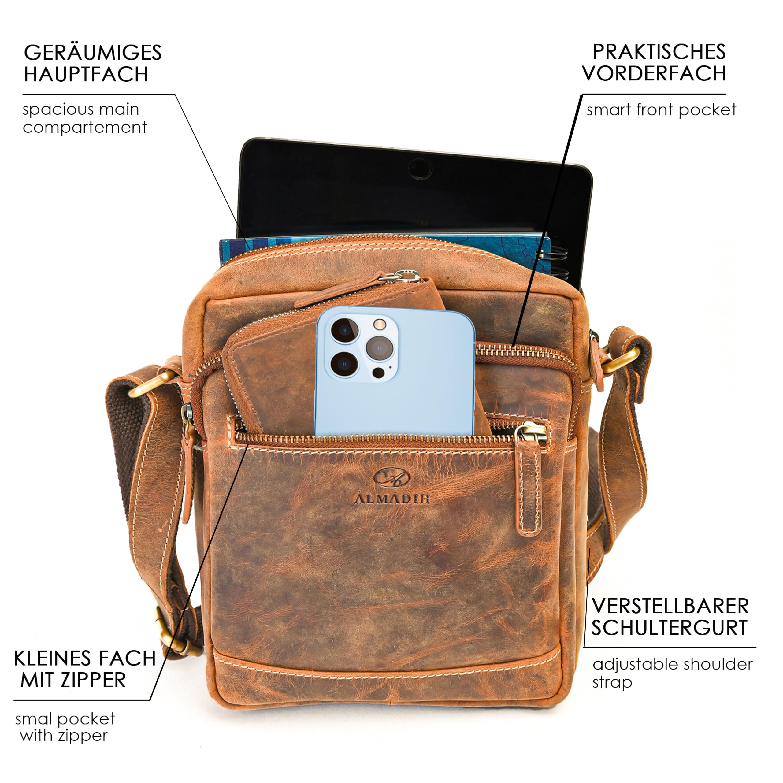 ALMADIH kleine Leder Umhängetasche Herren 9.7 Zoll iPad – EMIL braun - Kompakte Ledertasche für Reisen & Alltag Messenger Schultertasche Freizeittasche Tablet Herrentasche Damen