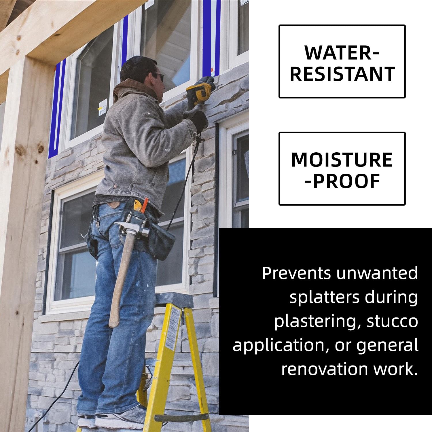 ROSEUP Cinta de estuco azul, 2 rollos de 2 pulgadas x 60 yardas, cinta de estuco azul resistente a los rayos UV, cinta adhesiva de polietileno impermeable para renovación del hogar, construcción