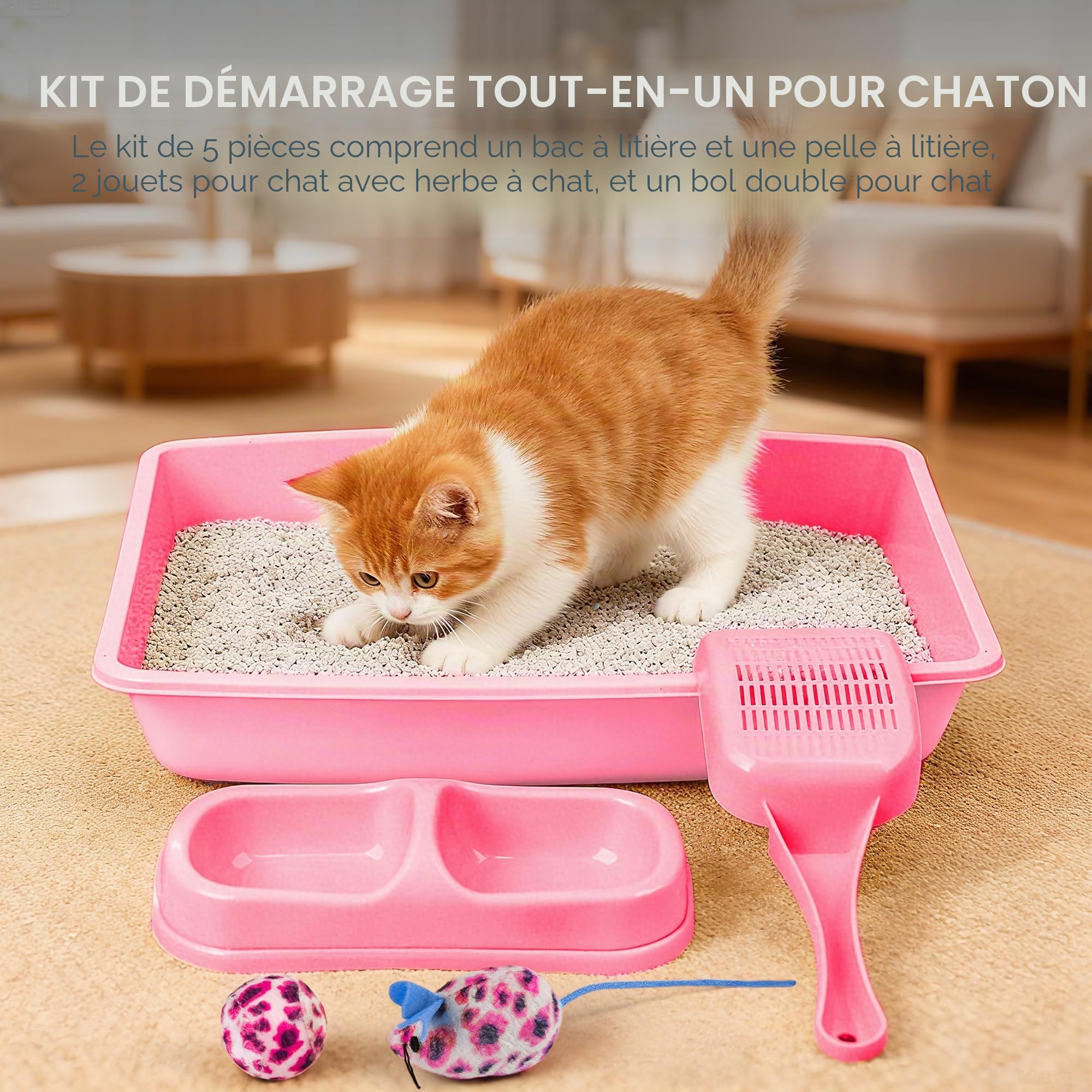 PAWISE Lot de 4 Accessoires pour Chat avec bac à litière, Pelle à litière, Bol et Jouet pour Chaton, 36,8 x 26,7 cm, Rose
