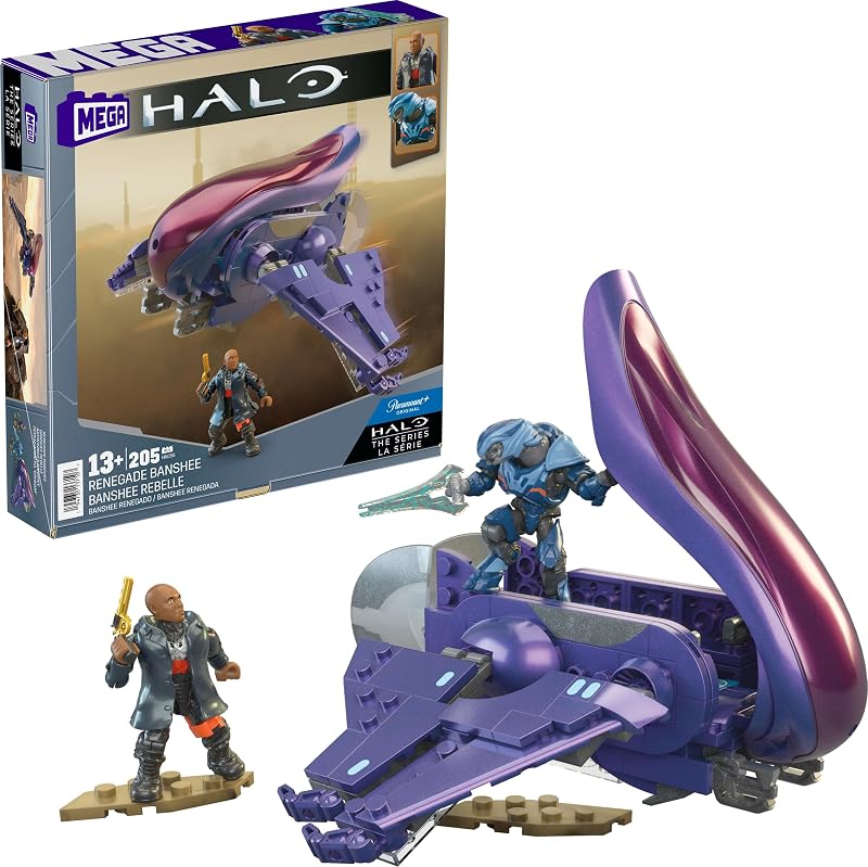 MEGA Halo the Series Juego de juguetes de construcción de vehículos, avión Renegade Banshee con 205 piezas, 2 microfiguras de acción, morado, niños y fanáticos