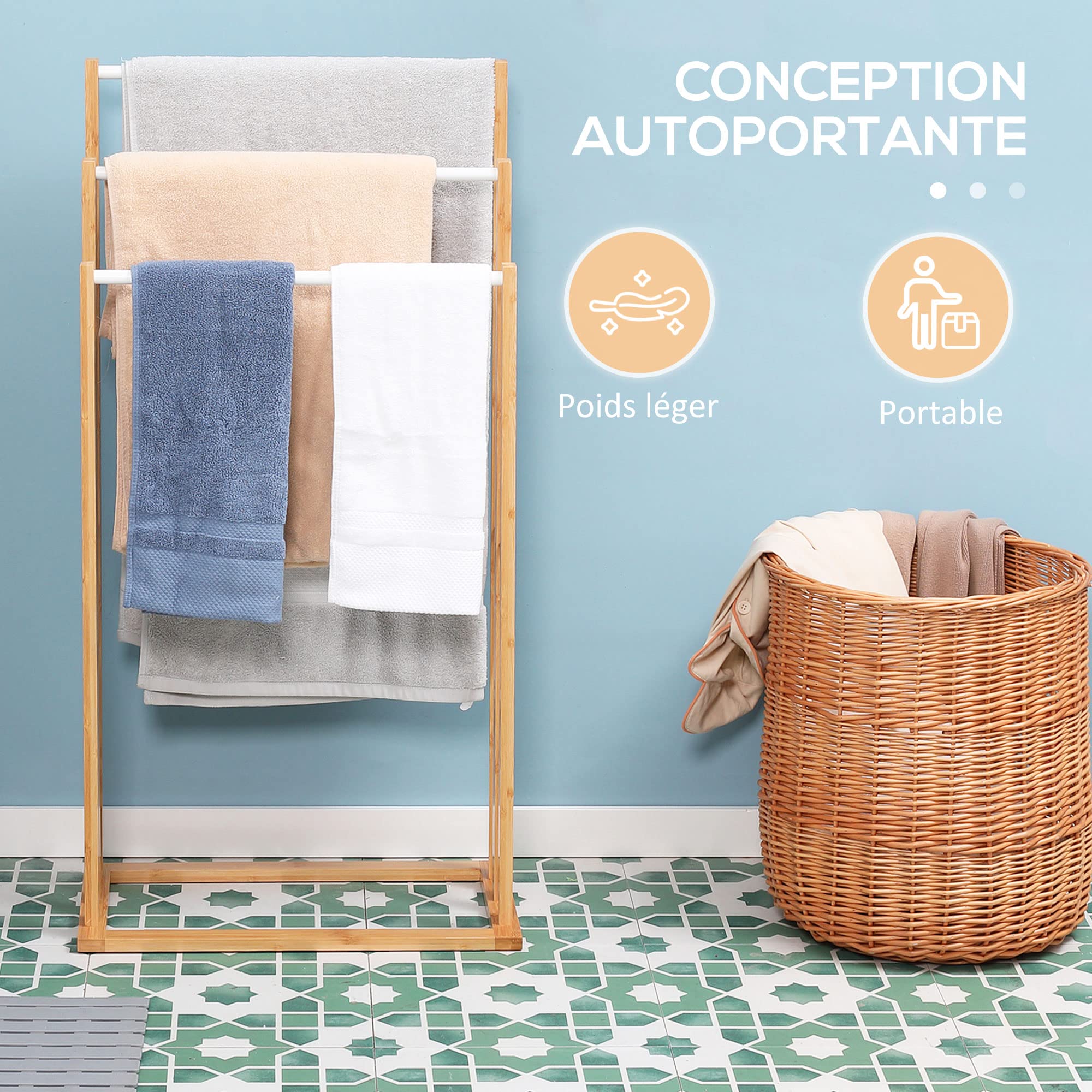 HOMCOM Porte-Serviettes en Bambou sur Pieds avec 3 Barres Support pour Serviette étagère de Salle de Bain - 48 x 25,8 x 94 cm