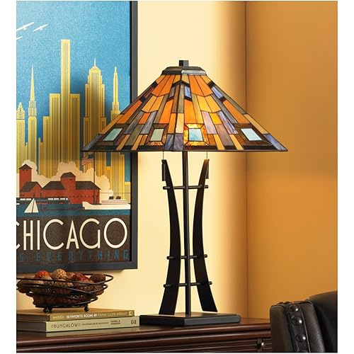 Robert Louis Tiffany Jewel Tone Mission Tiffany Style Table Lamp 27" Tall Iron Bronze Geometric Antique Stained Glass Art Shade Decor for Living Room Bedroom House Bedside Nightstand Home Office