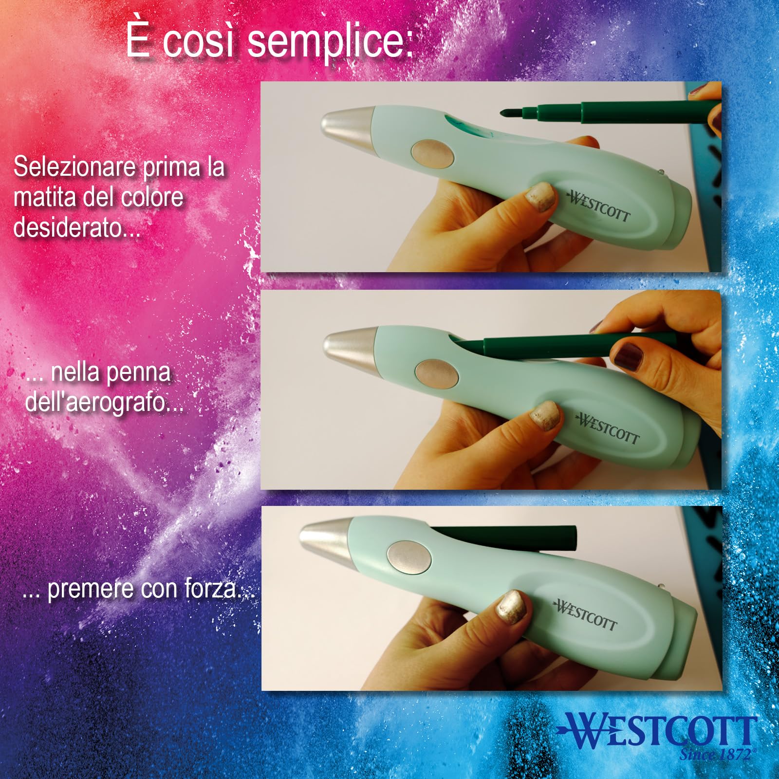 Westcott set aerografo per bambini | Penna elettrica a spruzzo in set iniziale con 12 pennarelli e 19 stencil | Con batteria ricaricabile e caricatore USB | E-16800 00