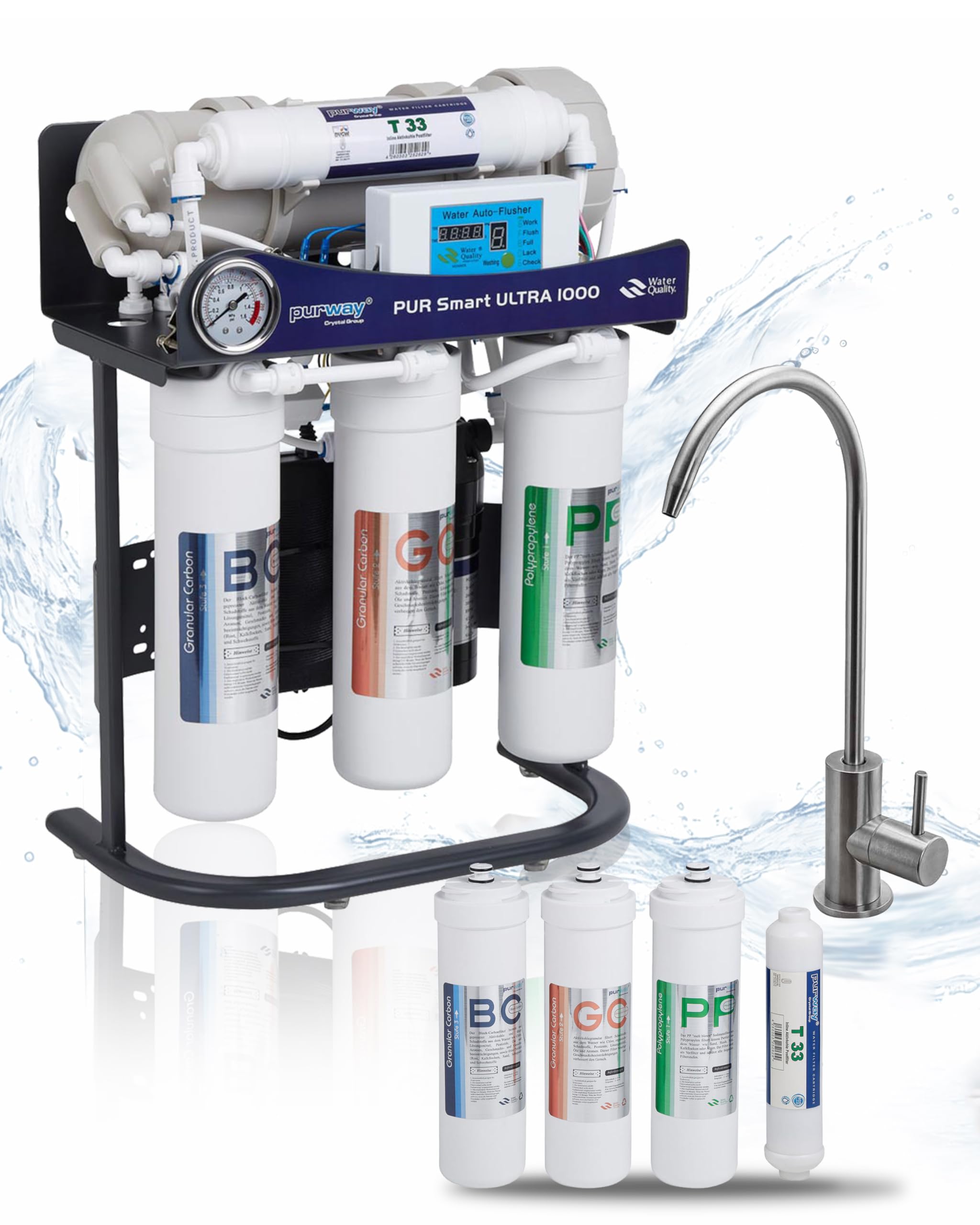 purway® PUR Smart ULTRA 1000 GPD Umkehrosmoseanlage Ersatzfilterset | Leistungsstarke Umkehrosmoseanlage mit Trinkwasserfilter und Osmose Wasserfilter für den Alltag und Aquaristik Aquarium