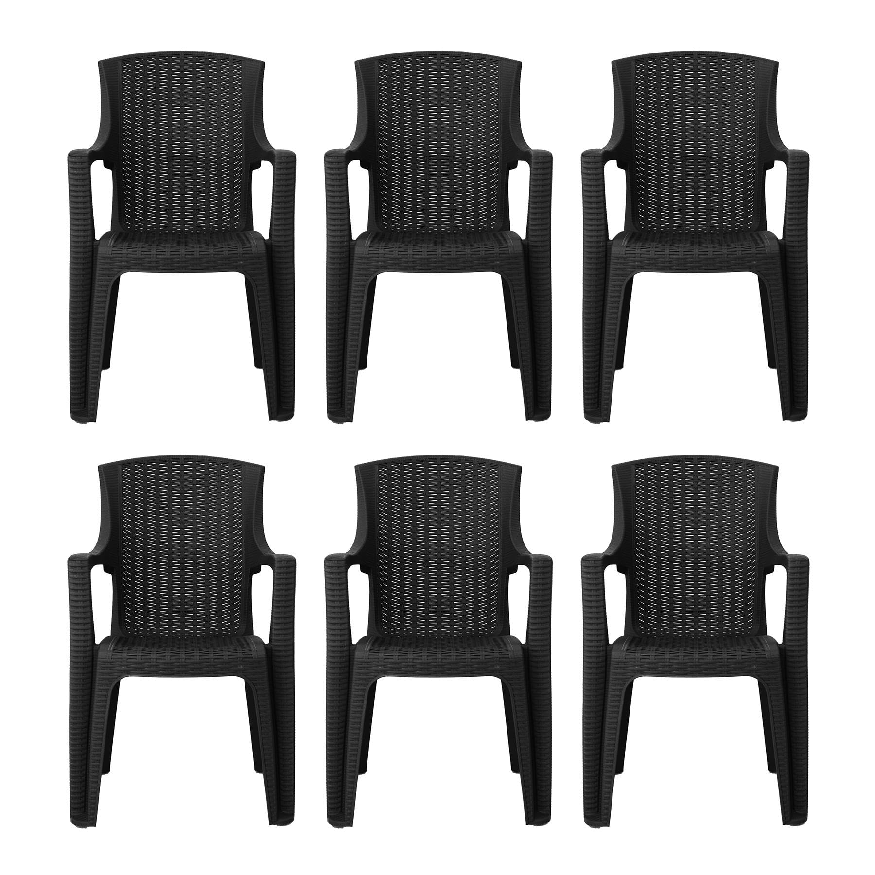 simpa Stackable High Back Plastic Rattan Effect Garden Chairs - Graphite Set of 6