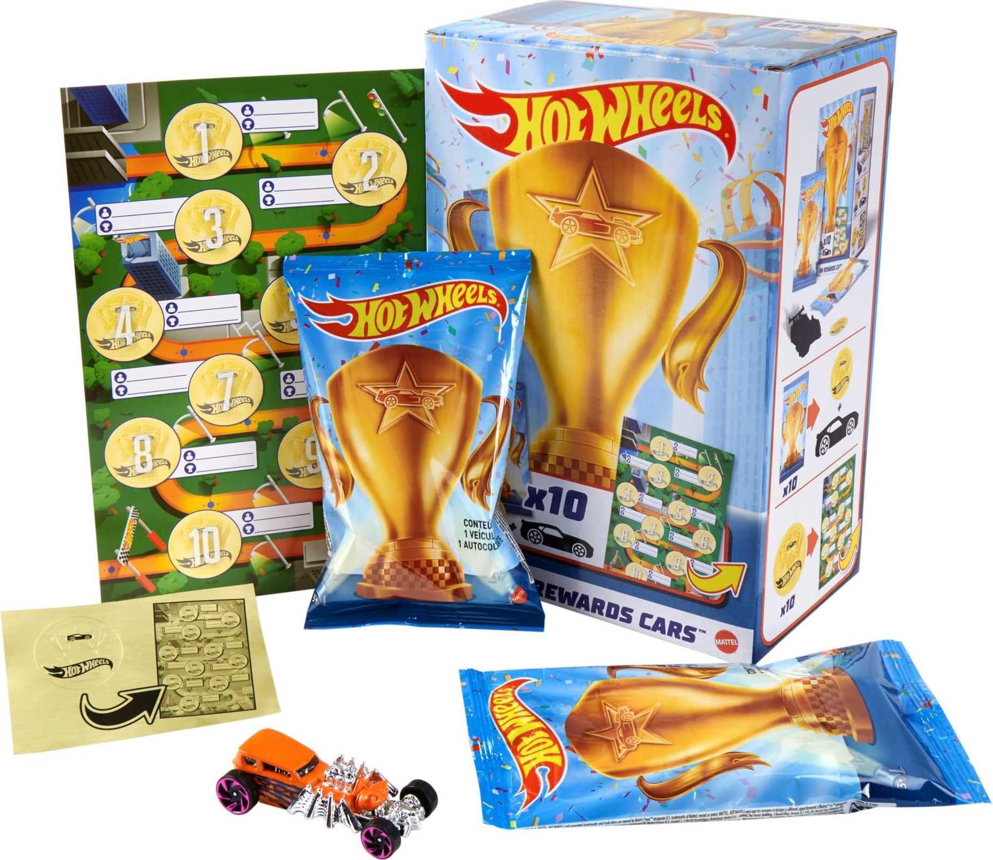 Hot Wheels Pack 10 Coches de Juguete Sorpresa con recompensas y Pegatinas, Regalo para niños +3 años (Mattel GWN97)