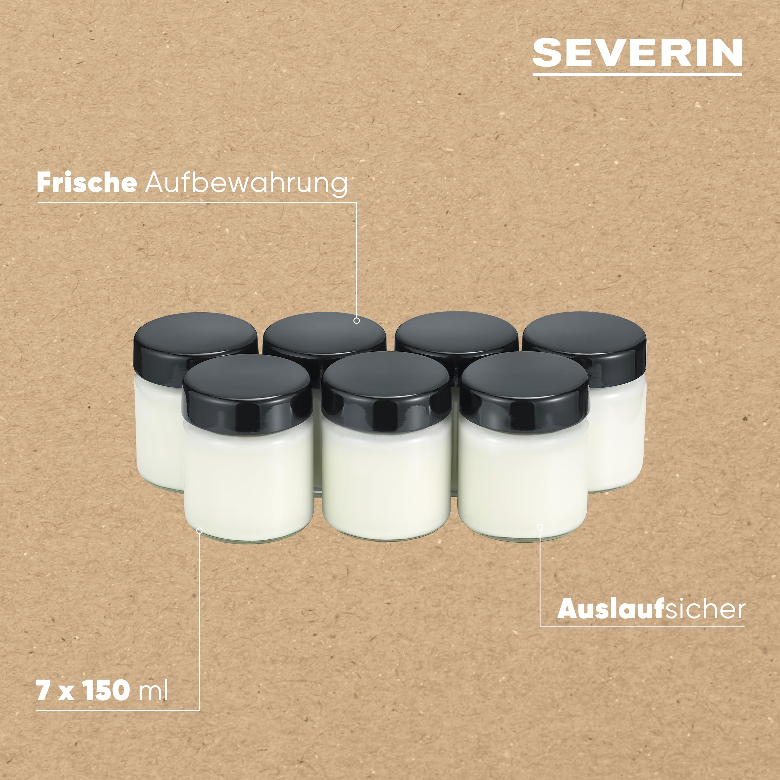 SEVERIN Ersatzgläser für Joghurtbereiter, Joghurtgläser mit Deckel (7 x 150 ml), passend zu den SEVERIN Joghurtmaschinen JG 3516 / JG 3518 / JG3519 / JG 3520 / JG 3521 und JG 3525, schwarz, EG 3514
