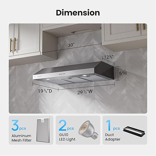 Miniatura 9 de VIKIO HOME Under Cabinet Range Hood 30 Inch, 1200 CFM Dual-Motor Kitchen Vent with LED Lights, Button Control, Ducted Vent Hood, Reusable 5-Layer