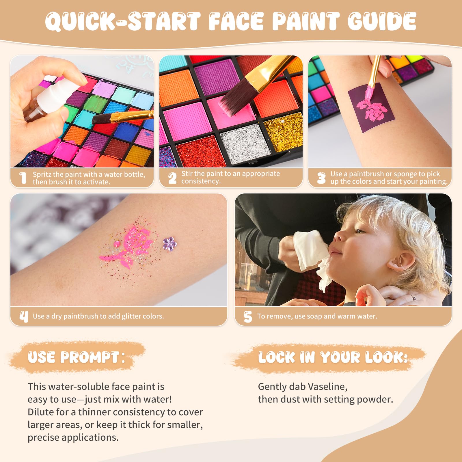 Pintada 54 Color Face Painting Kit for Kids Non Toxic Water Activated  Face Paint Palette with Stencils, Brushes, Gems For Halloween