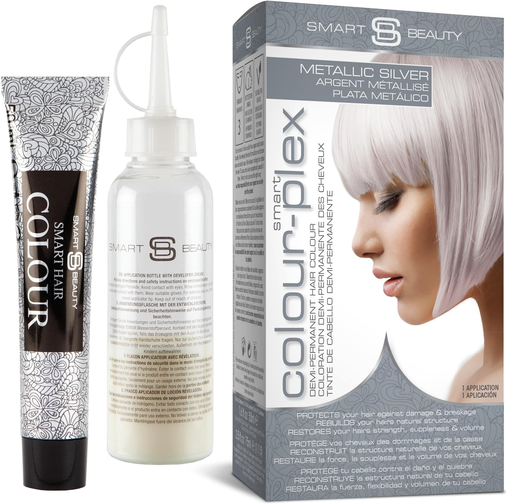 Metallic Silver Hair Dye Demi-Permanent, Grey Toner for Bleached Hair, Anti-Breakage Plex Hair Care, Vegan Hair Dye & Cruelty-Free, 100% Grey Coverage, Silver Grey Hair Colour by Smart Beauty