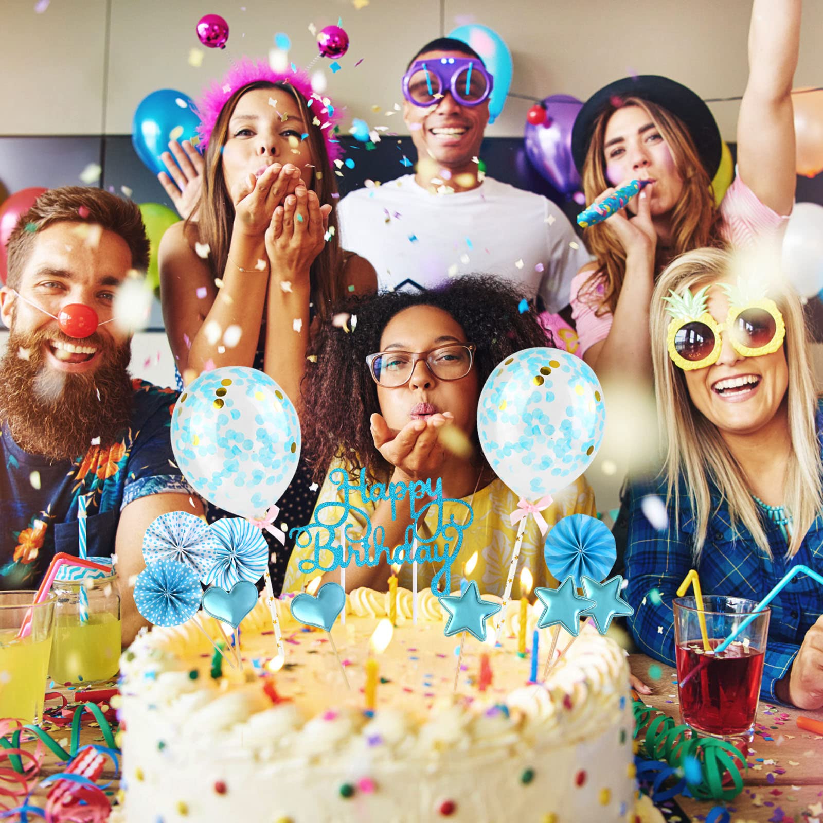 95. Geburtstag Kuchen-Deko Set – Mit Topper, Sternen, Fächern & Ballons, Blau-silber
