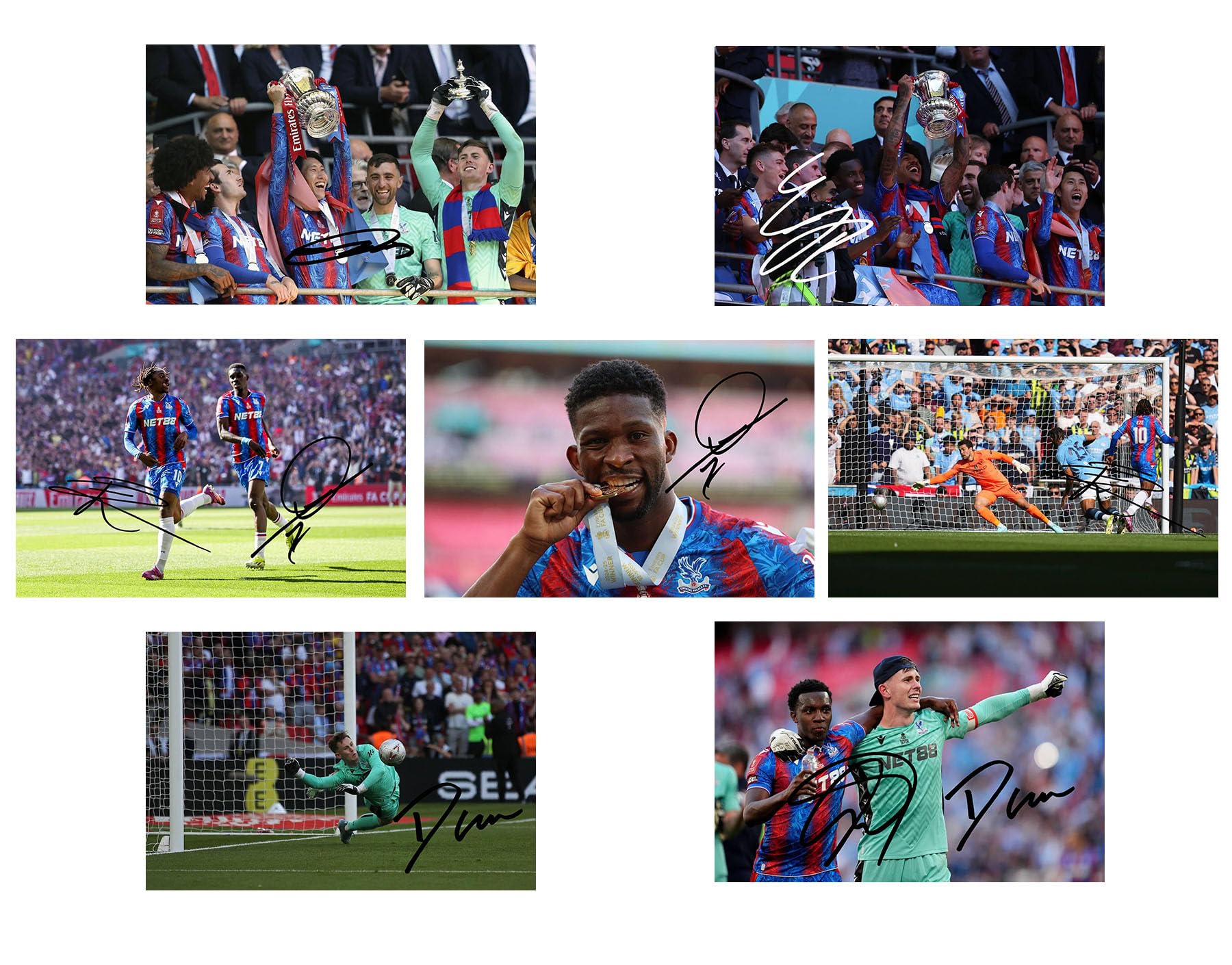 Set of 20 Individual 2024/5 Crystal Palace FA Cup Winning Football Players Signed 6X4 Inch Photo Prints With Pre Printed Signatures That Would Make A Great Gift For The Fan.