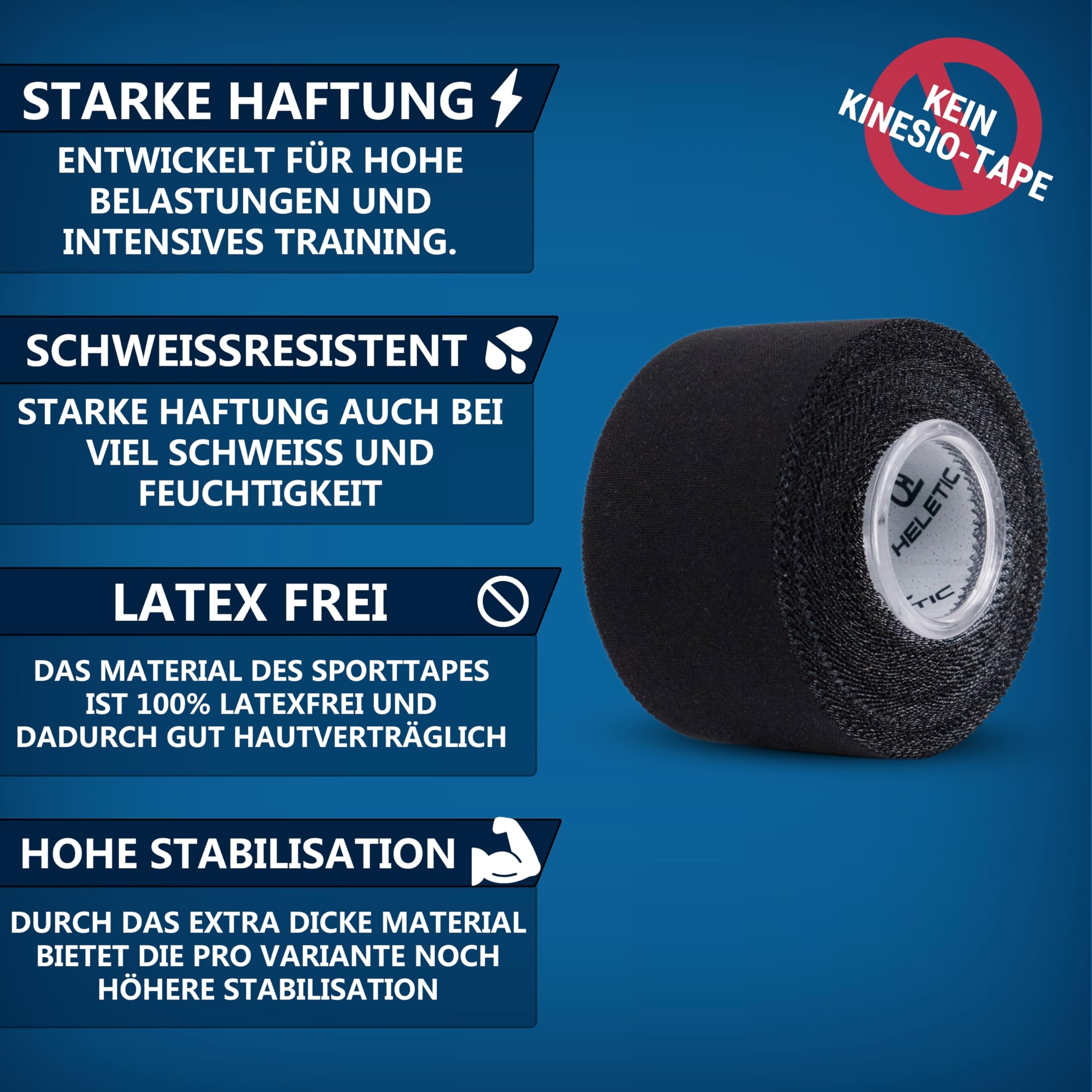 HELETIC Sporttape 3,8cm x 10m - Athlete Pro | unelastisches, starres Tape mit extra starker Haftung, Plastikkern und schweißresistent