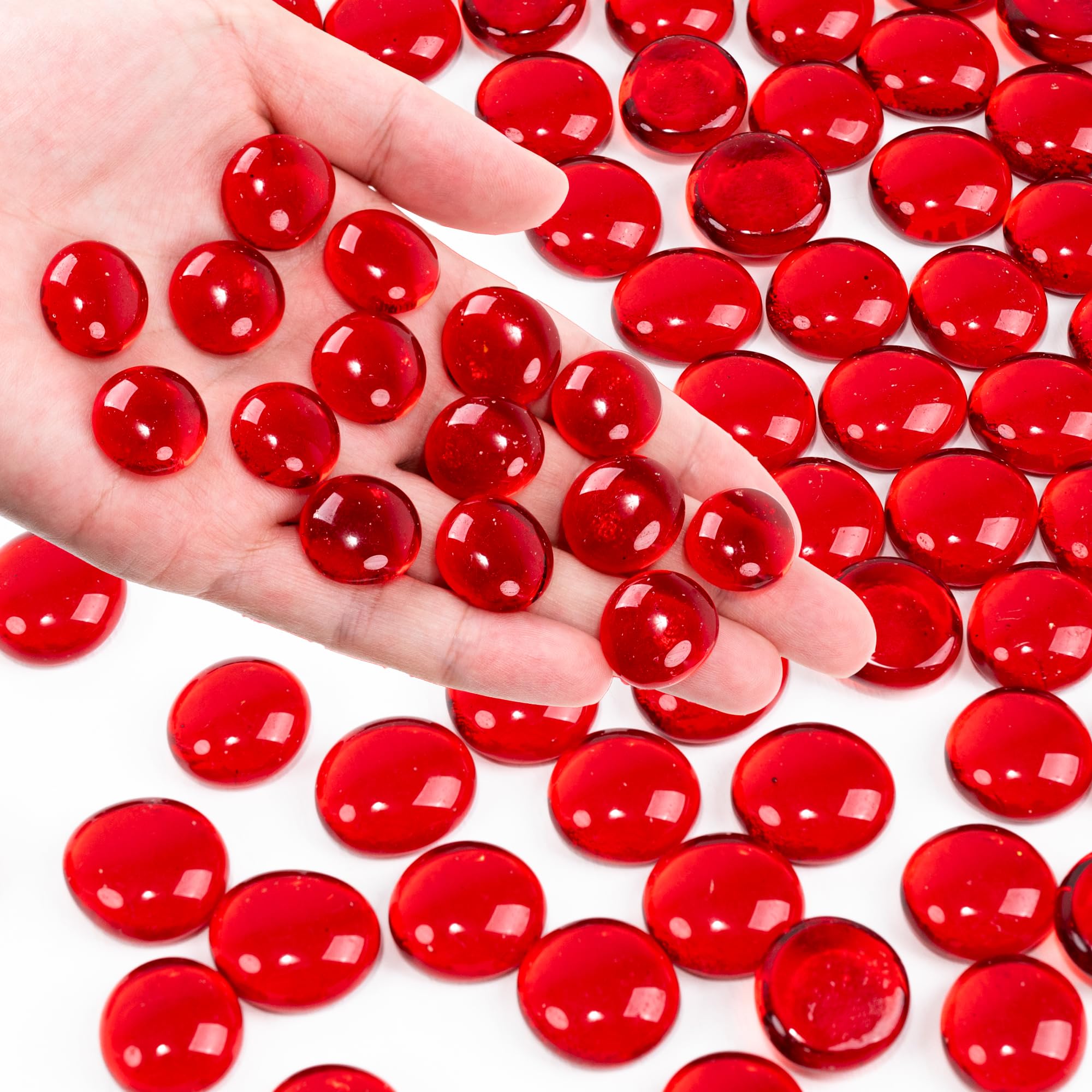 Foncomy Red Flat Glass Marbles, 440g Transparent Vase Filler Pebbles Gems, Decorative Glass Beads for Vases, Table Scatter, Crafts, Floral, Mancala Stones, Centerpieces, Aquarium Rocks for Fish Tank